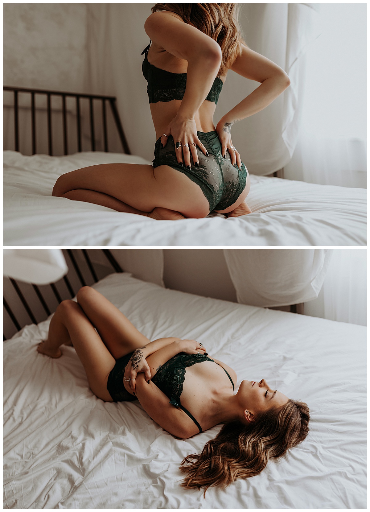 Adult in emerald green lingerie lays on bed for Minneapolis Boudoir Photographer