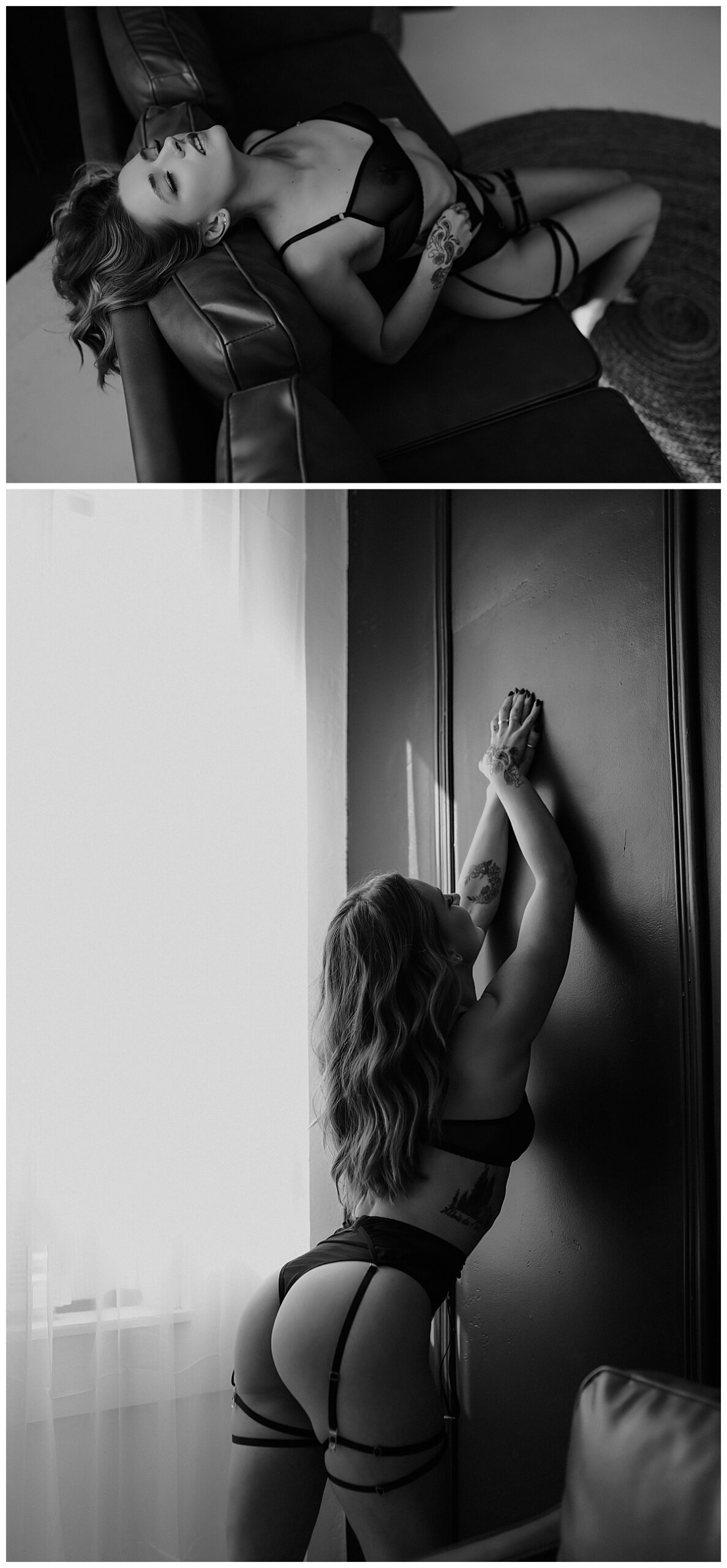 Woman sits on couch and leans into wall for Minneapolis Boudoir Photographer