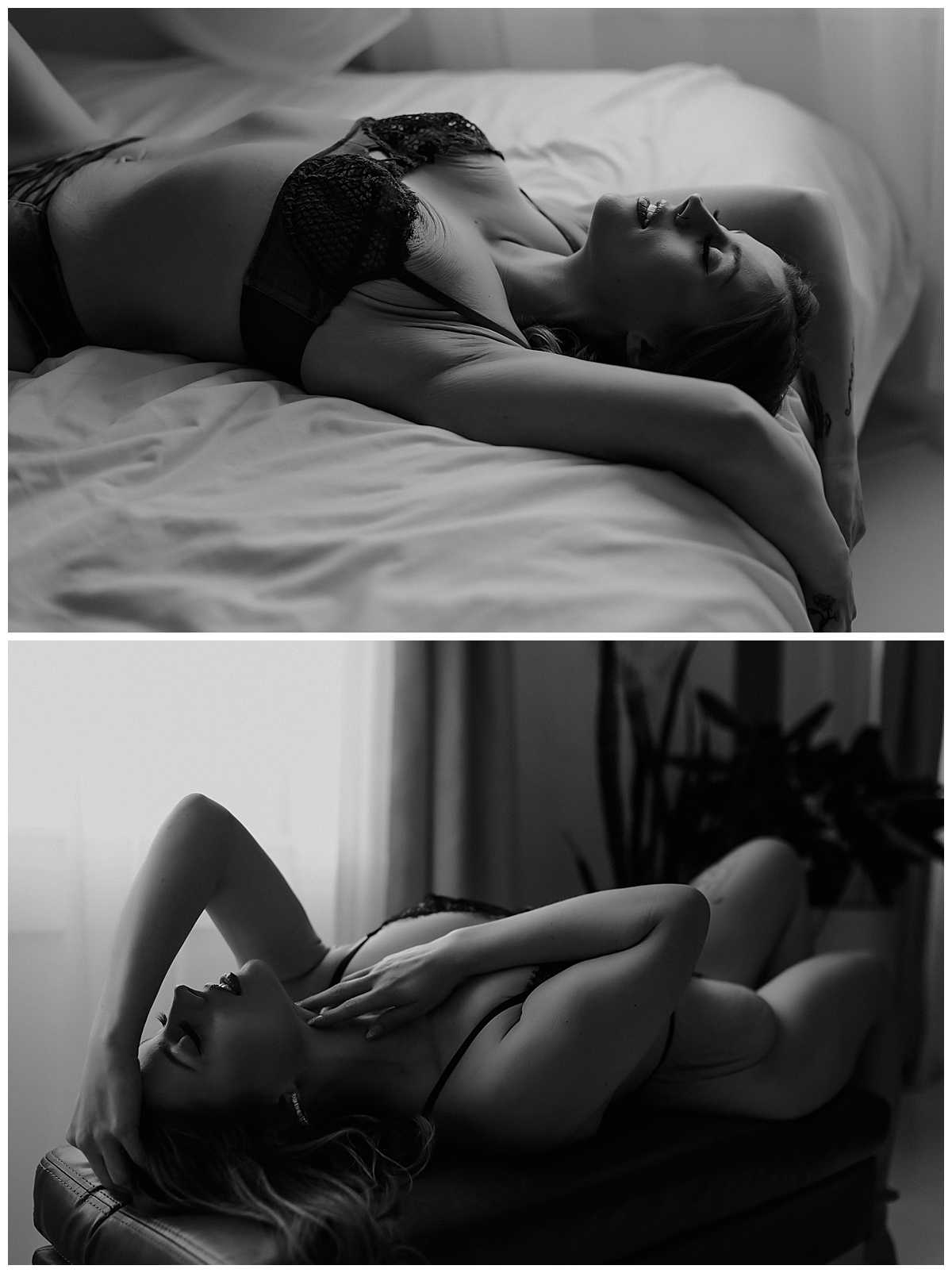 Girl lays over couch and bed in lingerie for Minneapolis Boudoir Photographer
