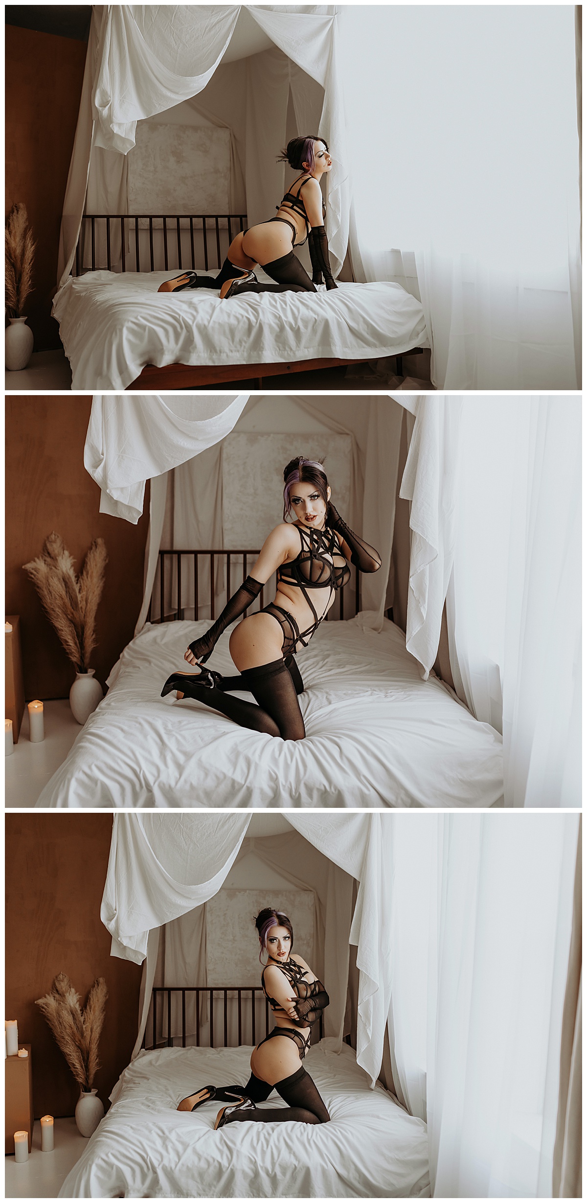 Adult sits on bed in lingerie for Minneapolis Boudoir Photographer