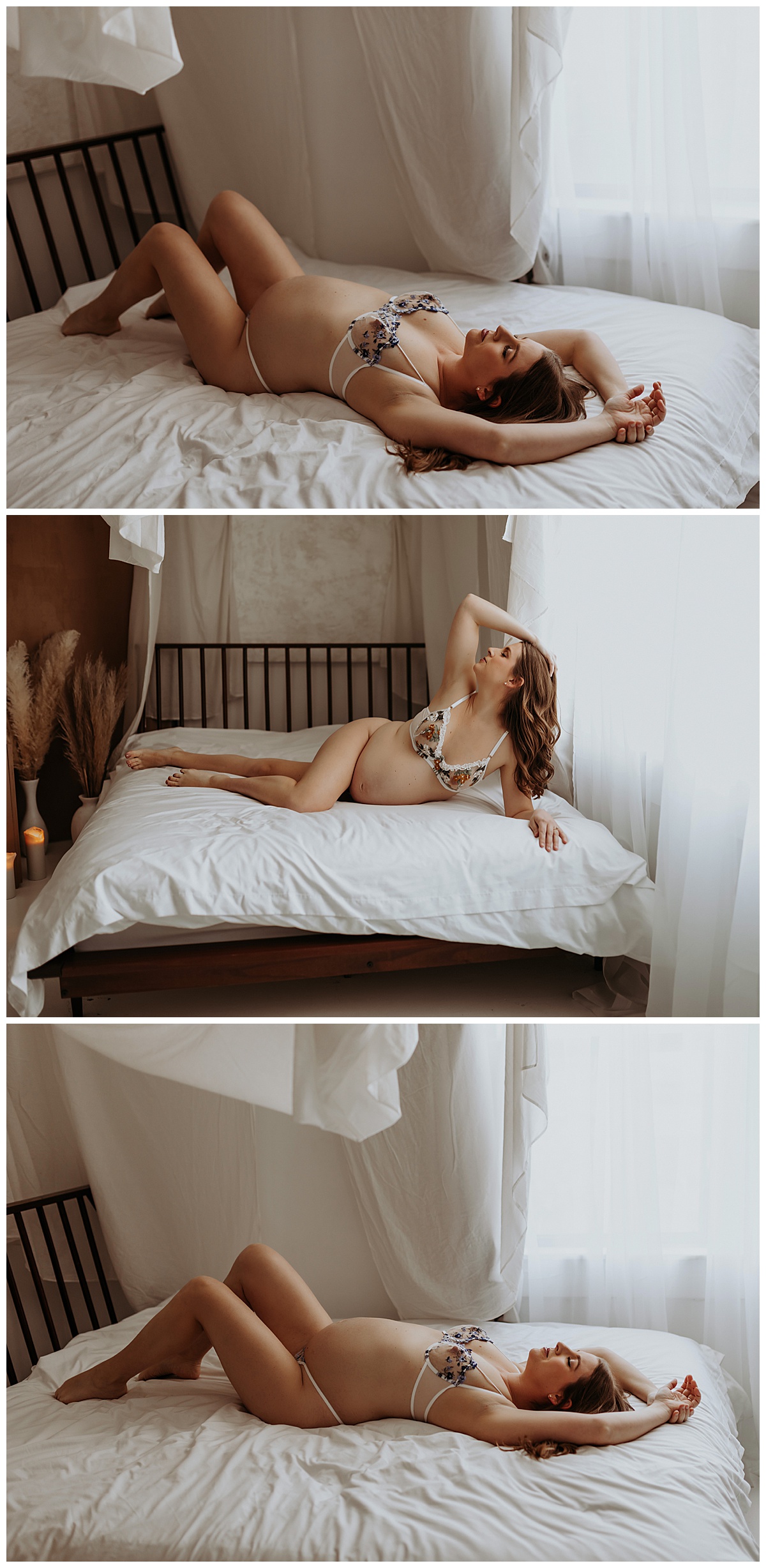 Adult lays on bed in white lingerie for  Mary Castillo Photography