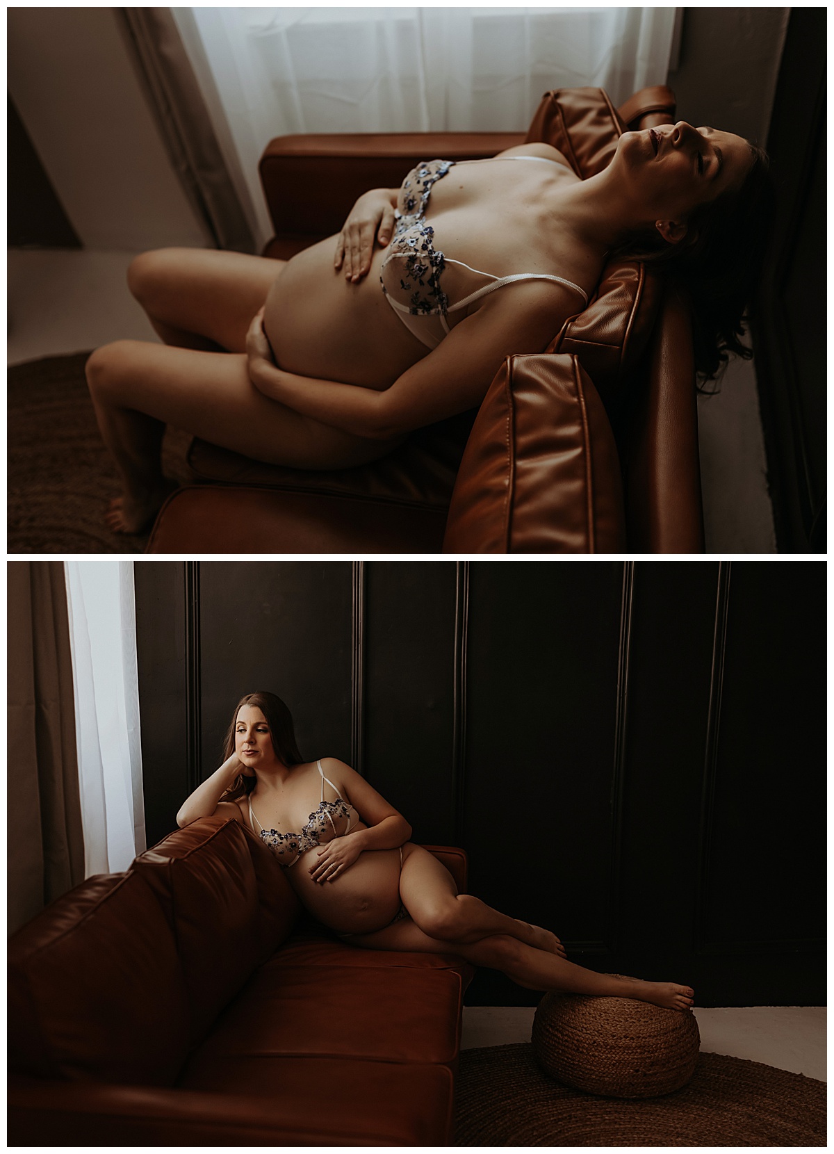 Mother sits and lays in couch in lingerie for Minneapolis Boudoir Photographer