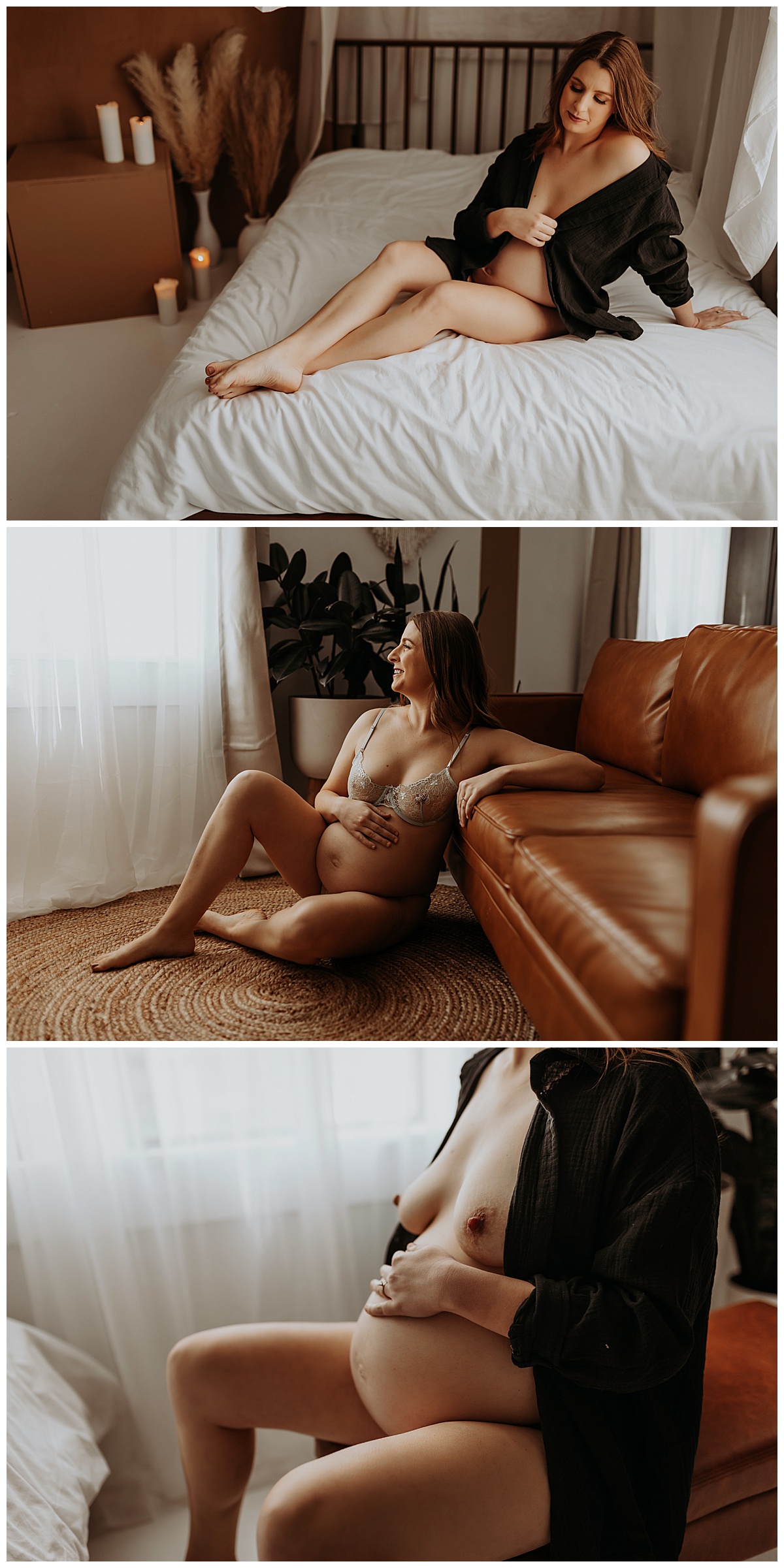 Pregnant Woman holds belly and sits down on bed and couch for Mary Castillo Photography