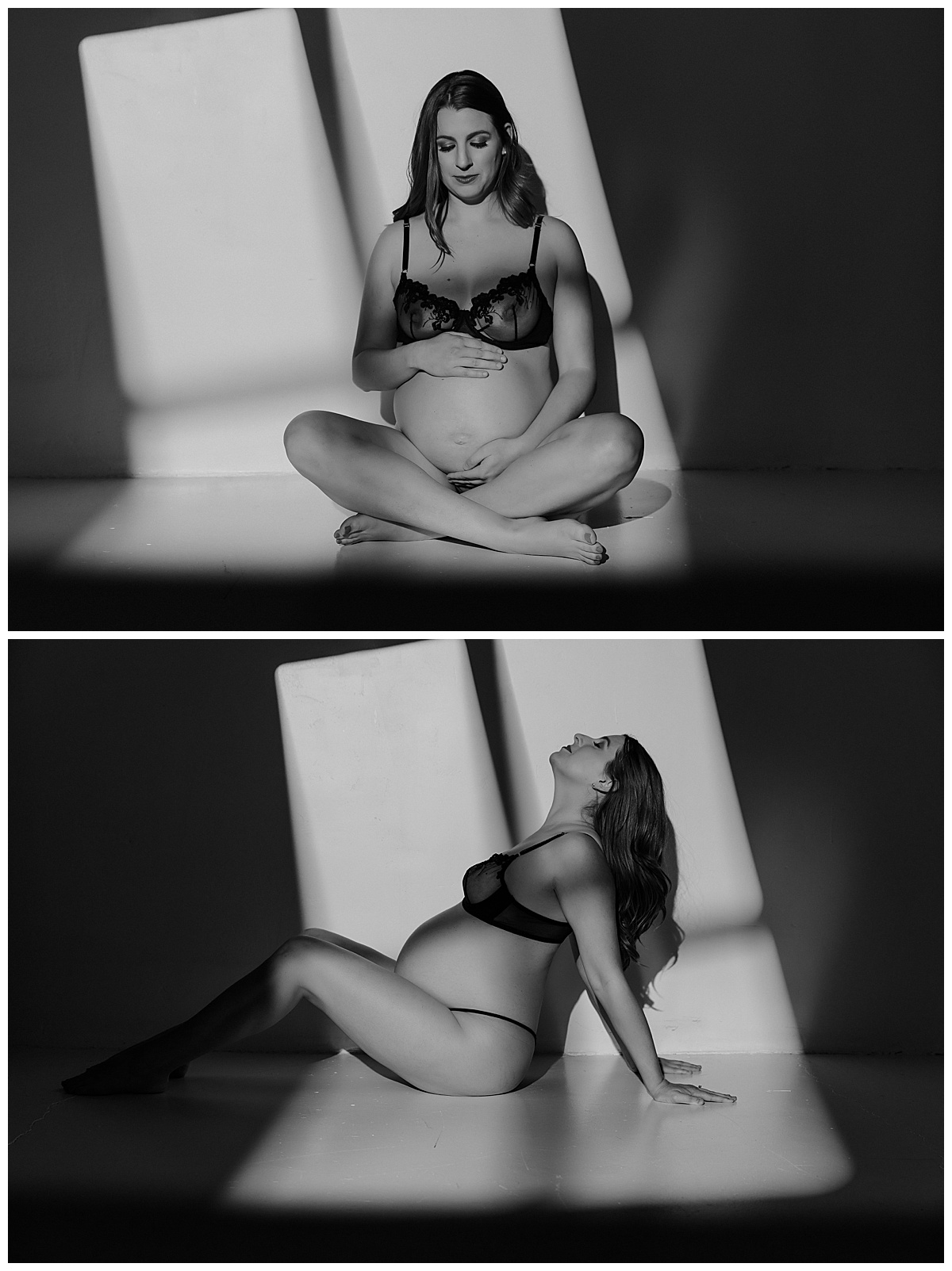 Pregnant Woman sits in front of light for Mary Castillo Photography