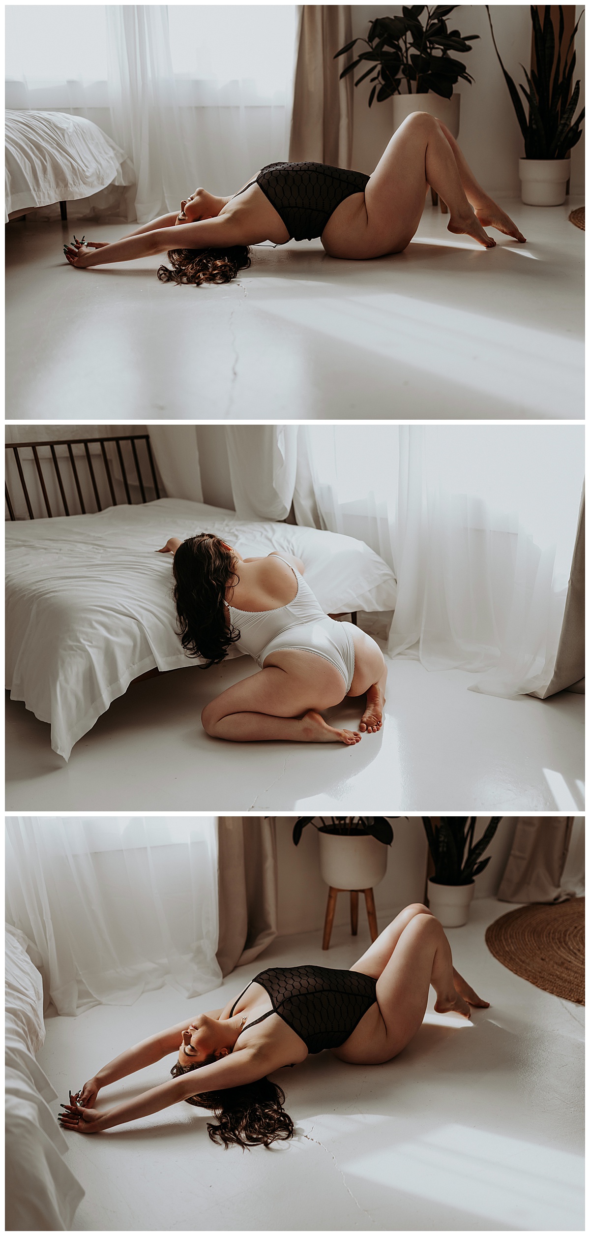 Friend lays on floor and leans on bed in lingerie for Mary Castillo Photography