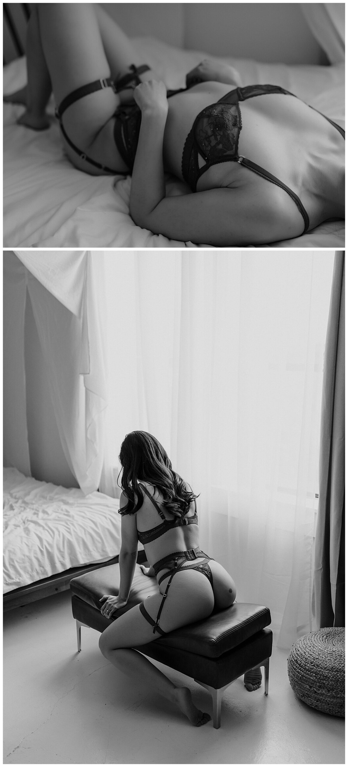 Lady lays on bed and couch in lingerie for Minneapolis Boudoir Photographer