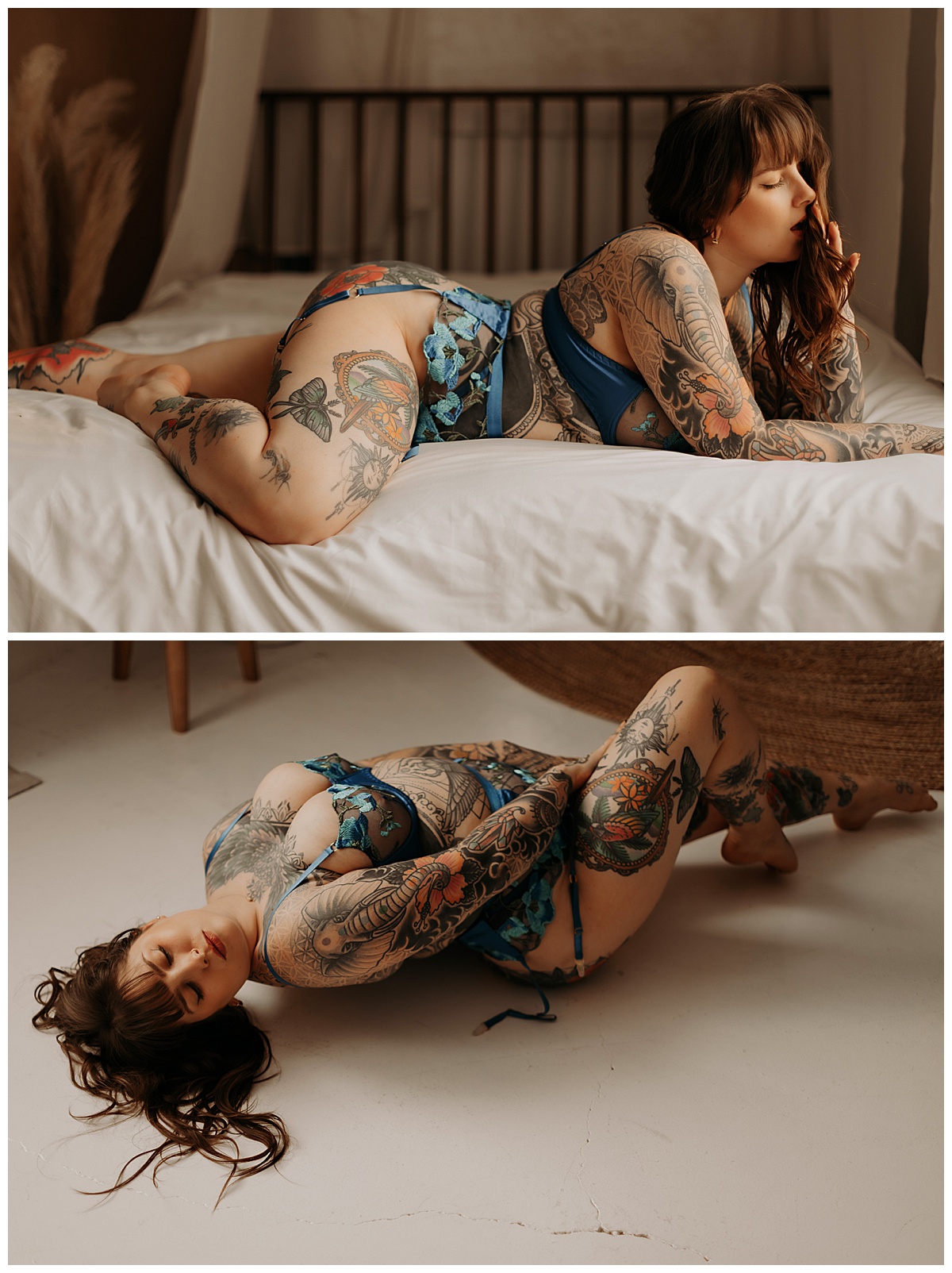 Adult lays on the bed and floor wearing blue lingerie for Minneapolis Boudoir Photographer