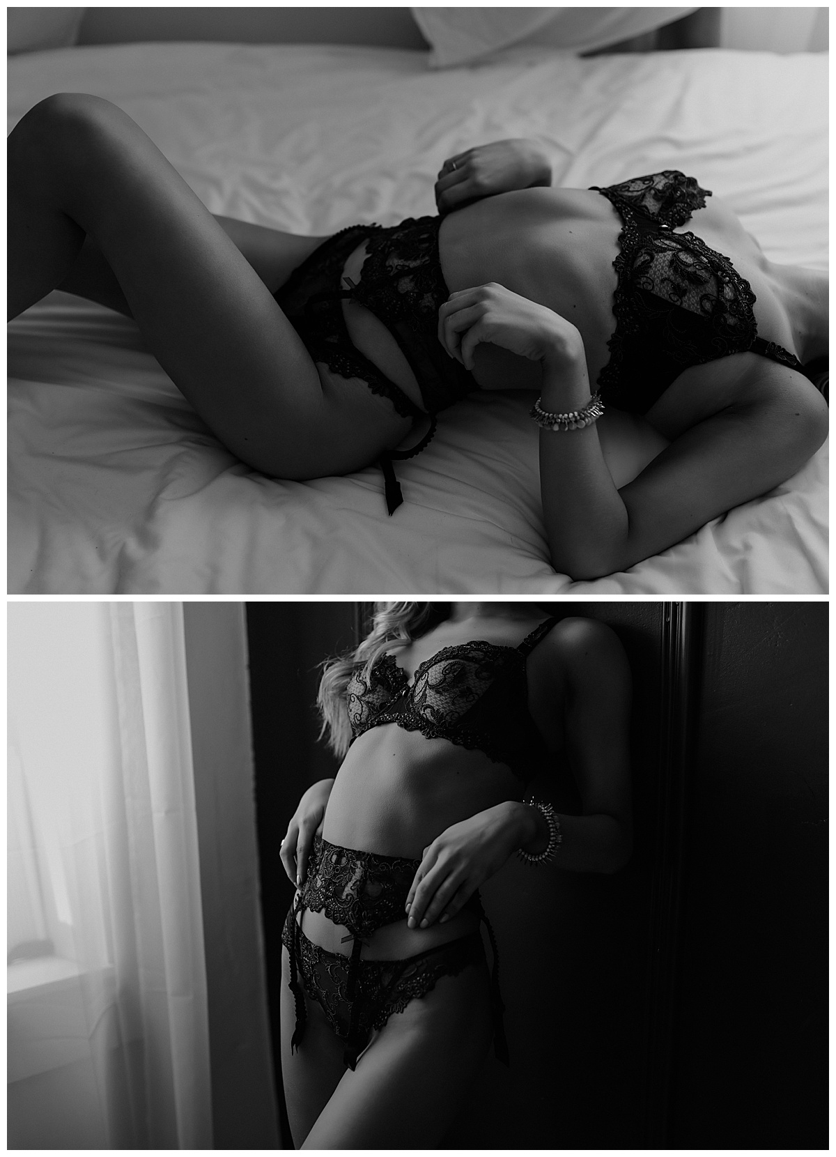 Adult tugs at lingerie while laying down and leaning against wall for Minneapolis Boudoir Photographer