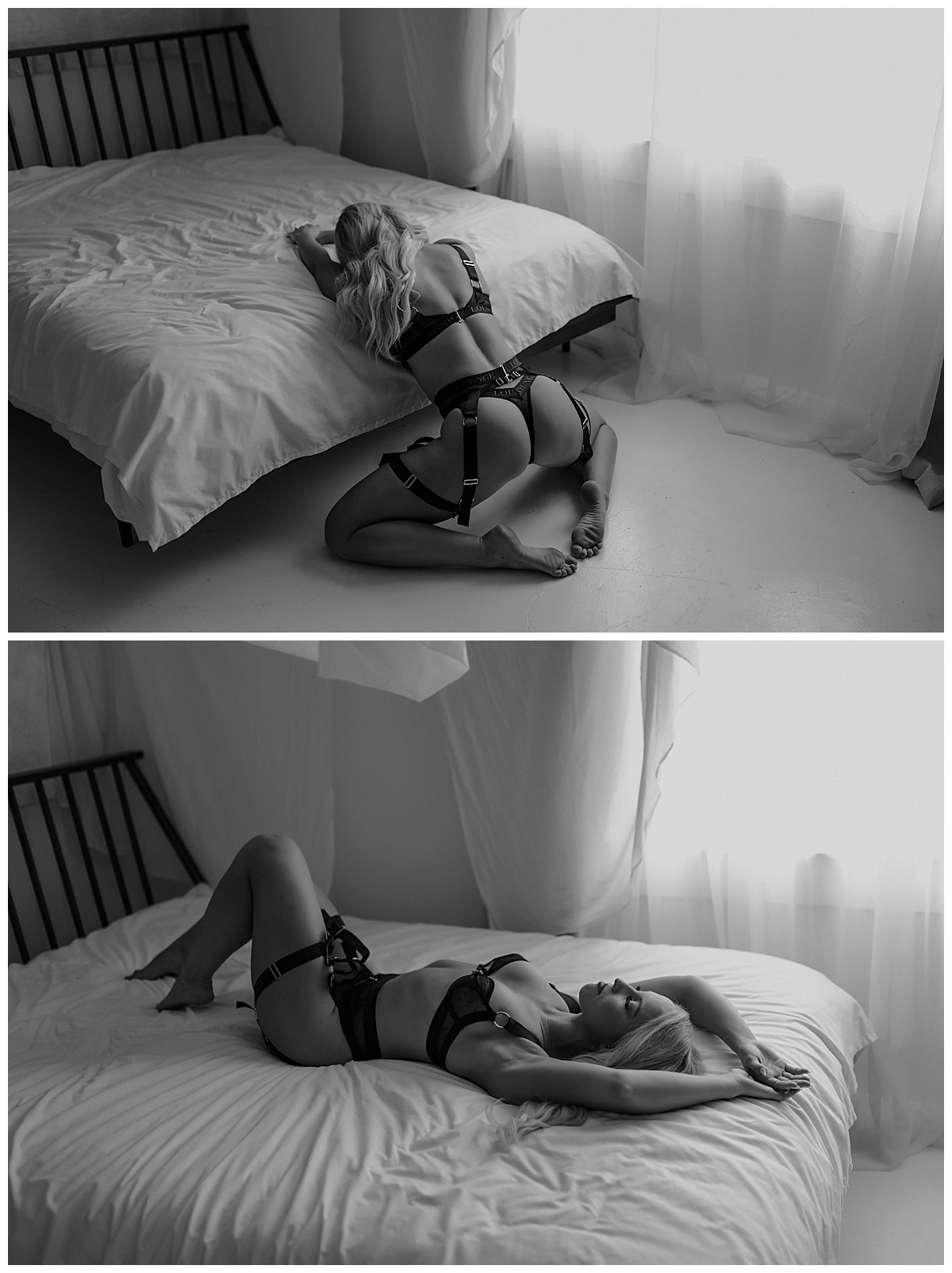 Lady lays on bed and leans into the edge of the bed wearing Strappy Lingerie