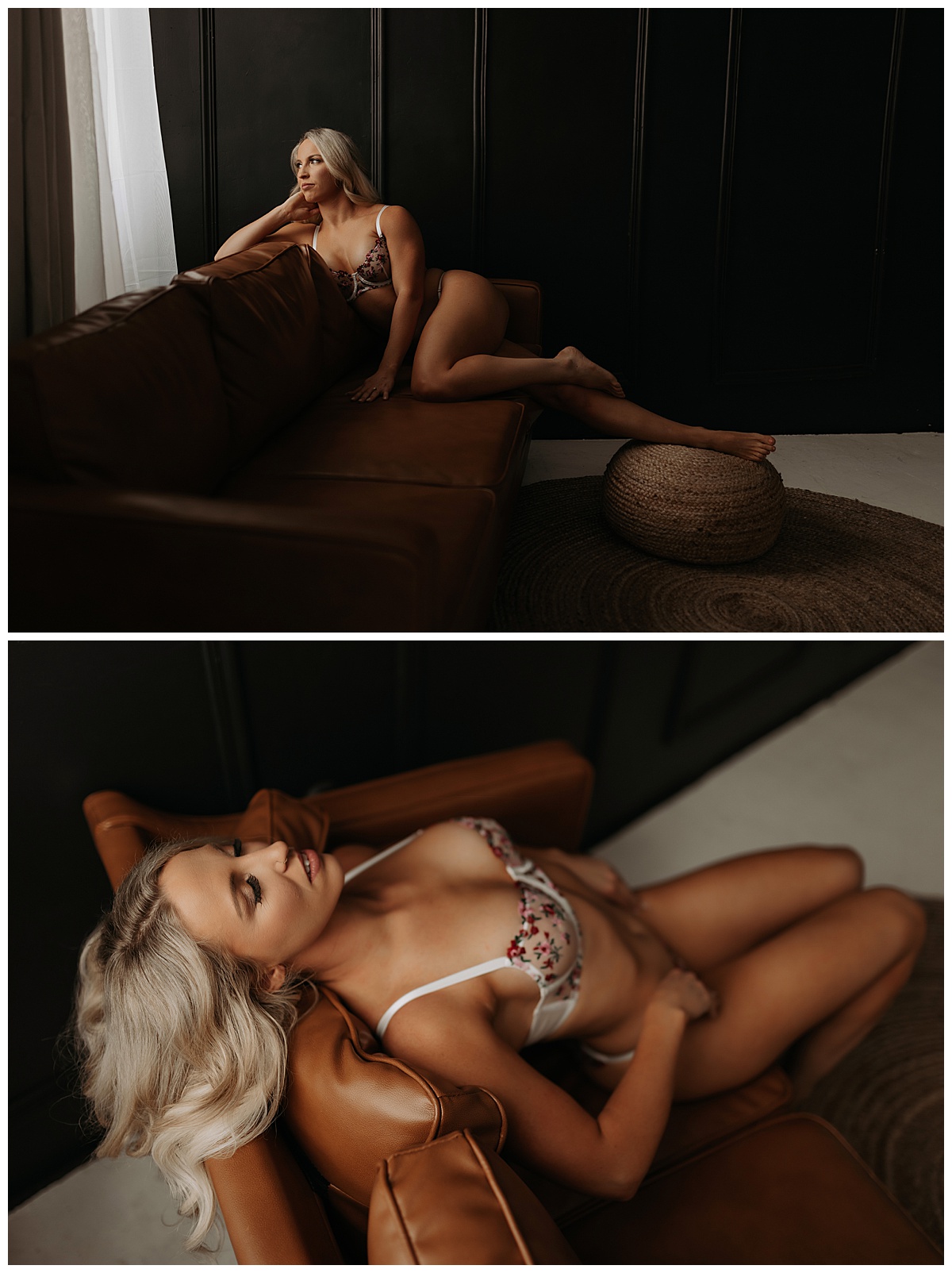 Person lays on couch wearing embroidered lingerie for Minneapolis Boudoir Photographer