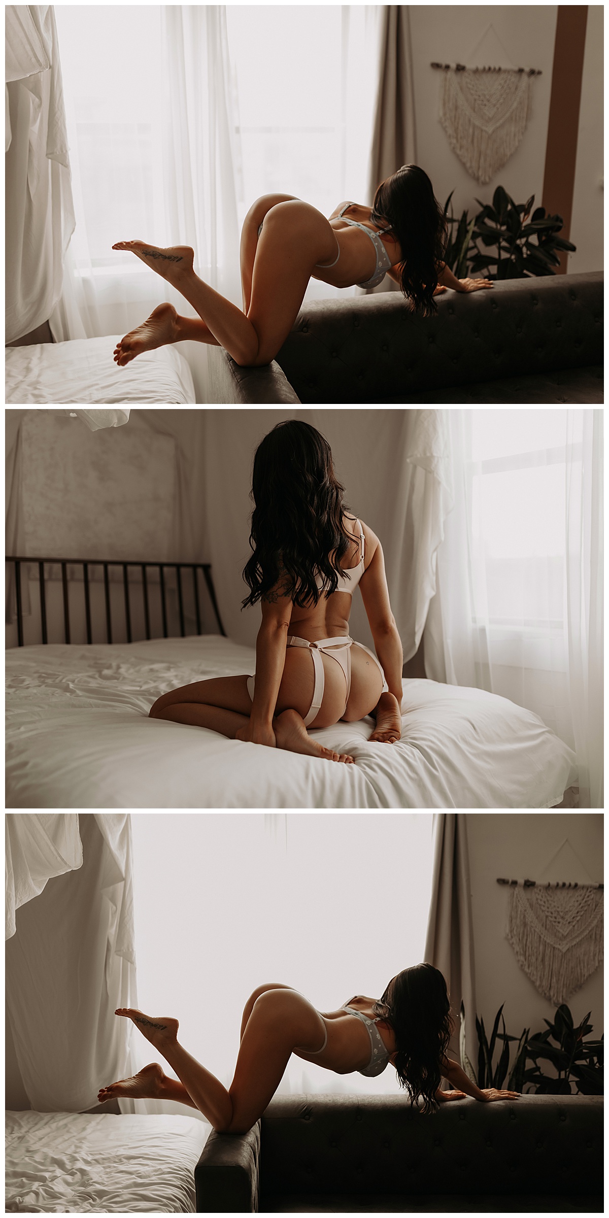 Girl leans over couch and lays on bed for Minneapolis Boudoir Photographer