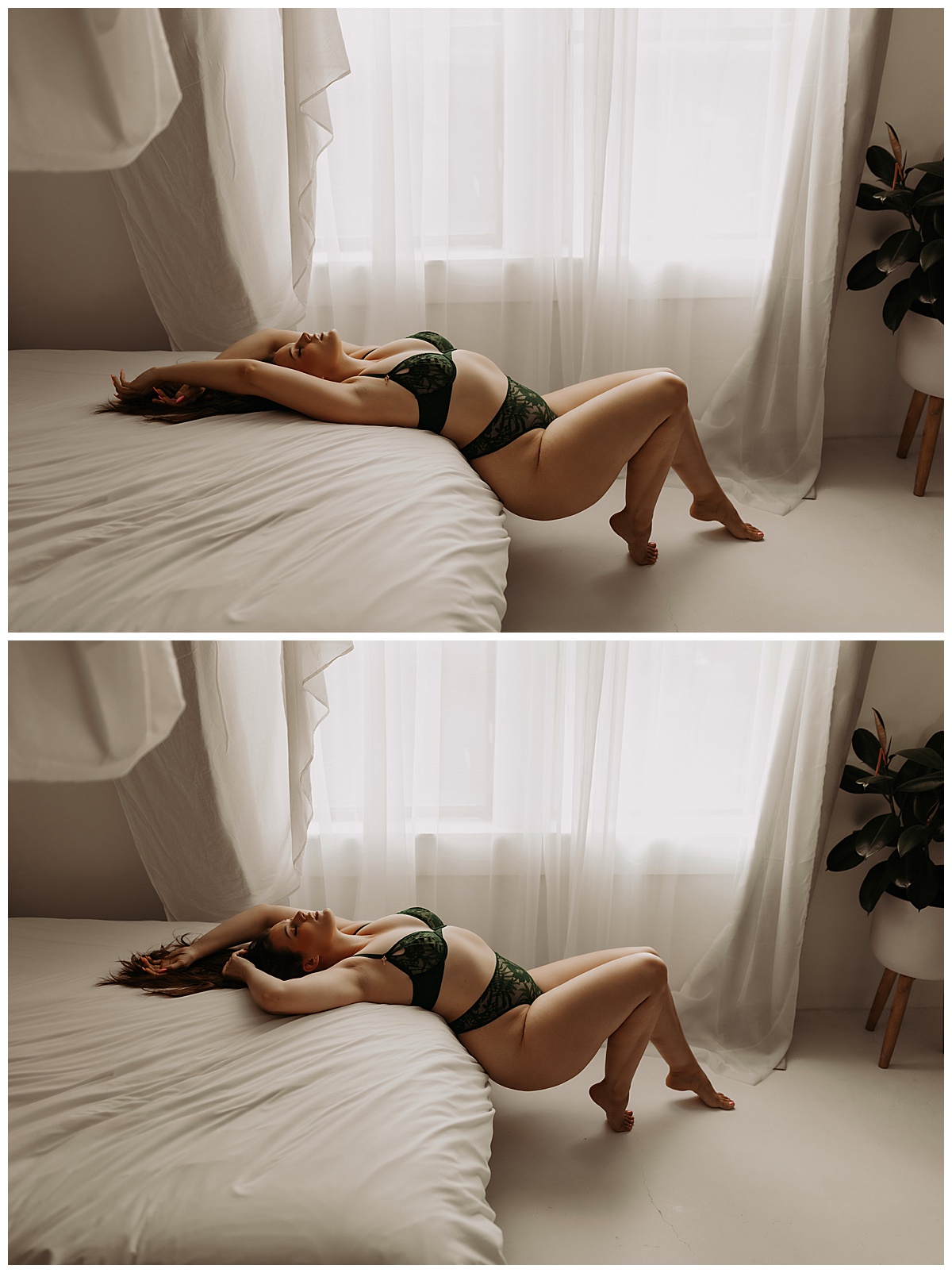 Woman leans into the edge of bed wearing lingerie for Mary Castillo Photography