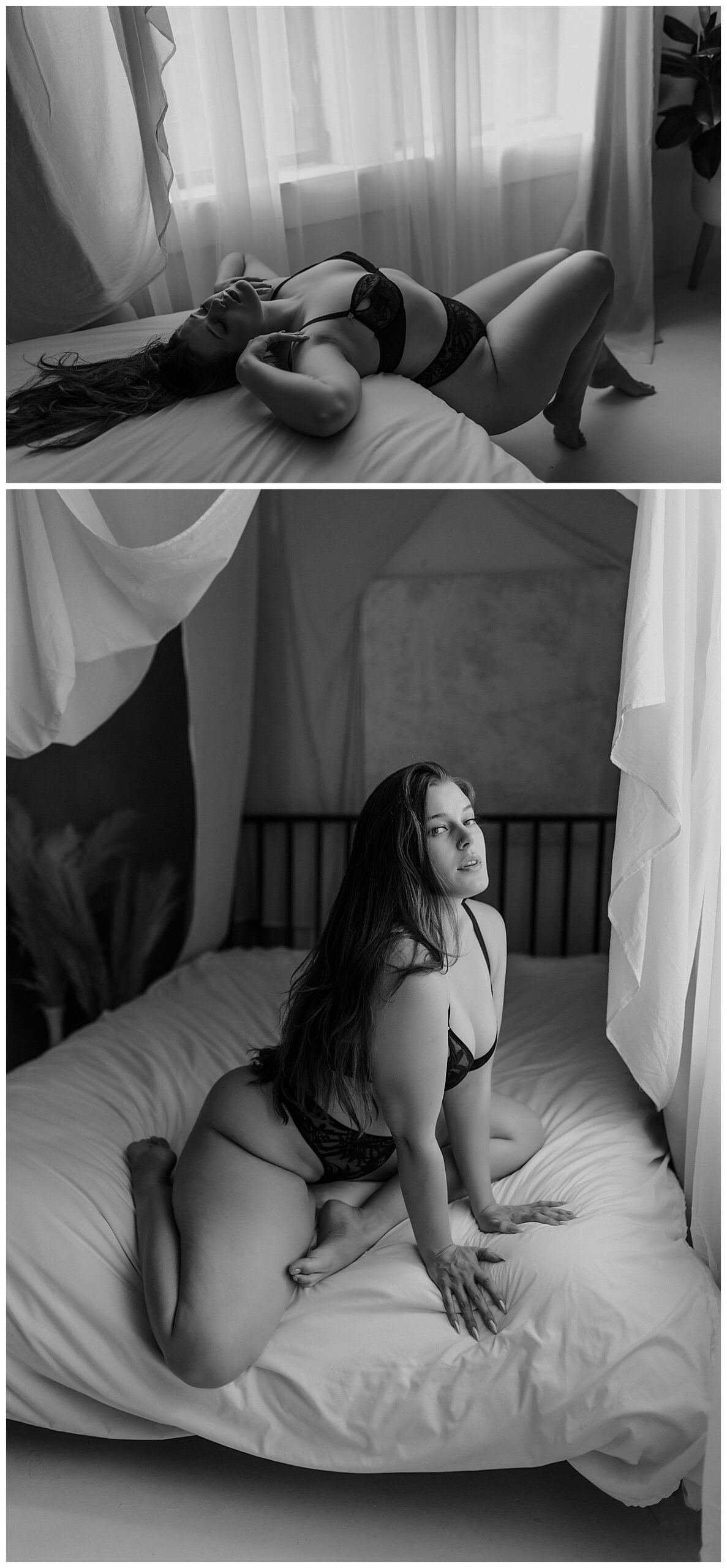 Lady sits on edge of bed for Mary Castillo Photography