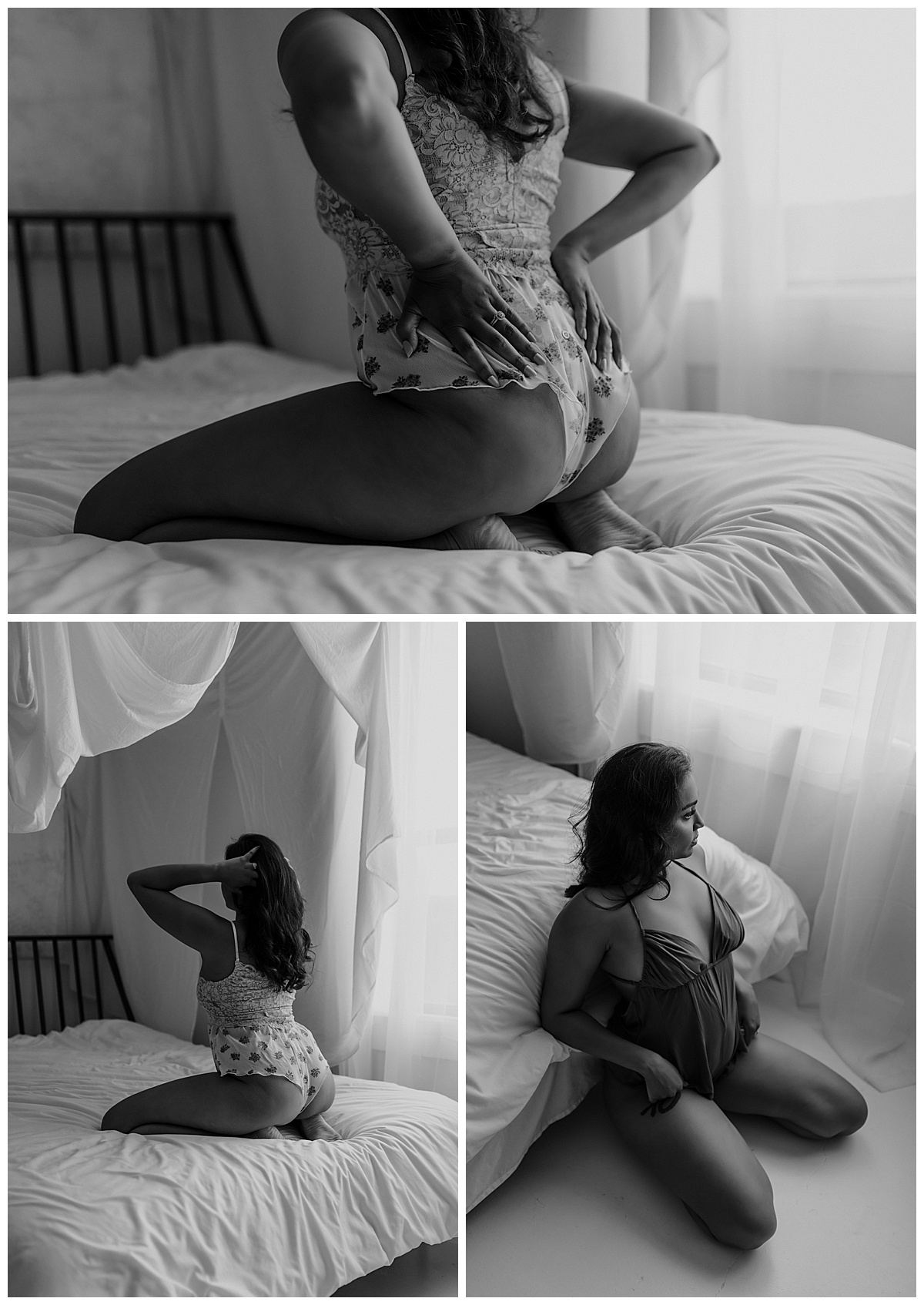 Mom sits and kneels on bed for Mary Castillo Photography