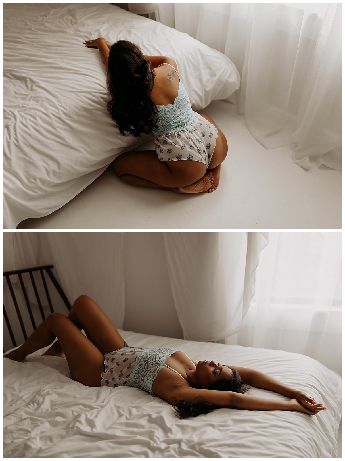 Female lays on bed for Mary Castillo Photography