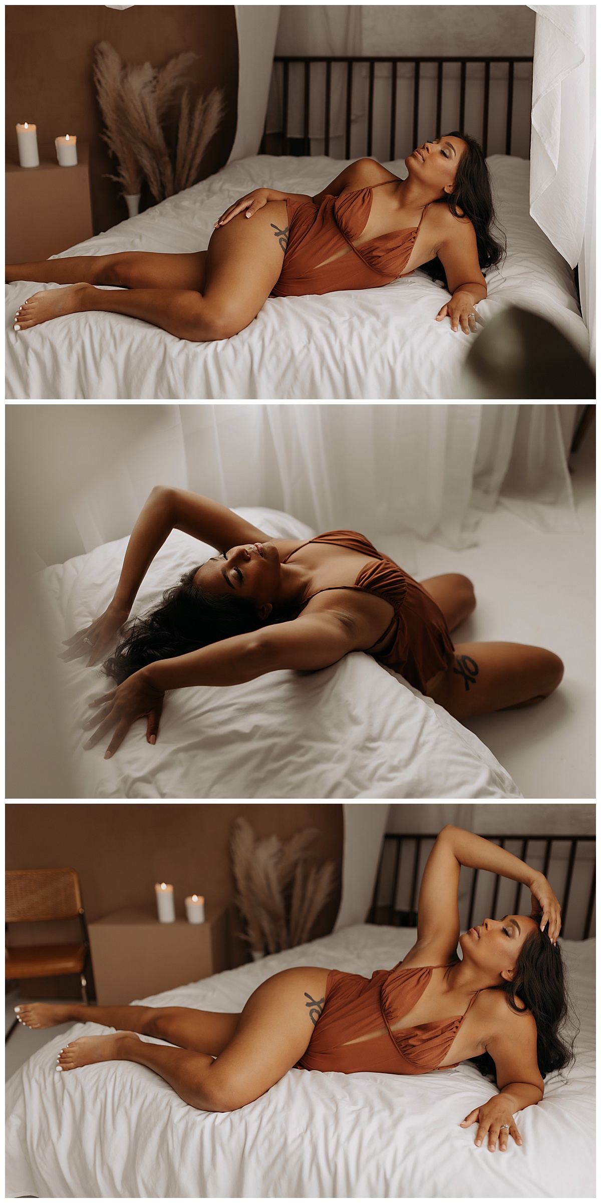 Adult lays on and against bed for Mary Castillo Photography