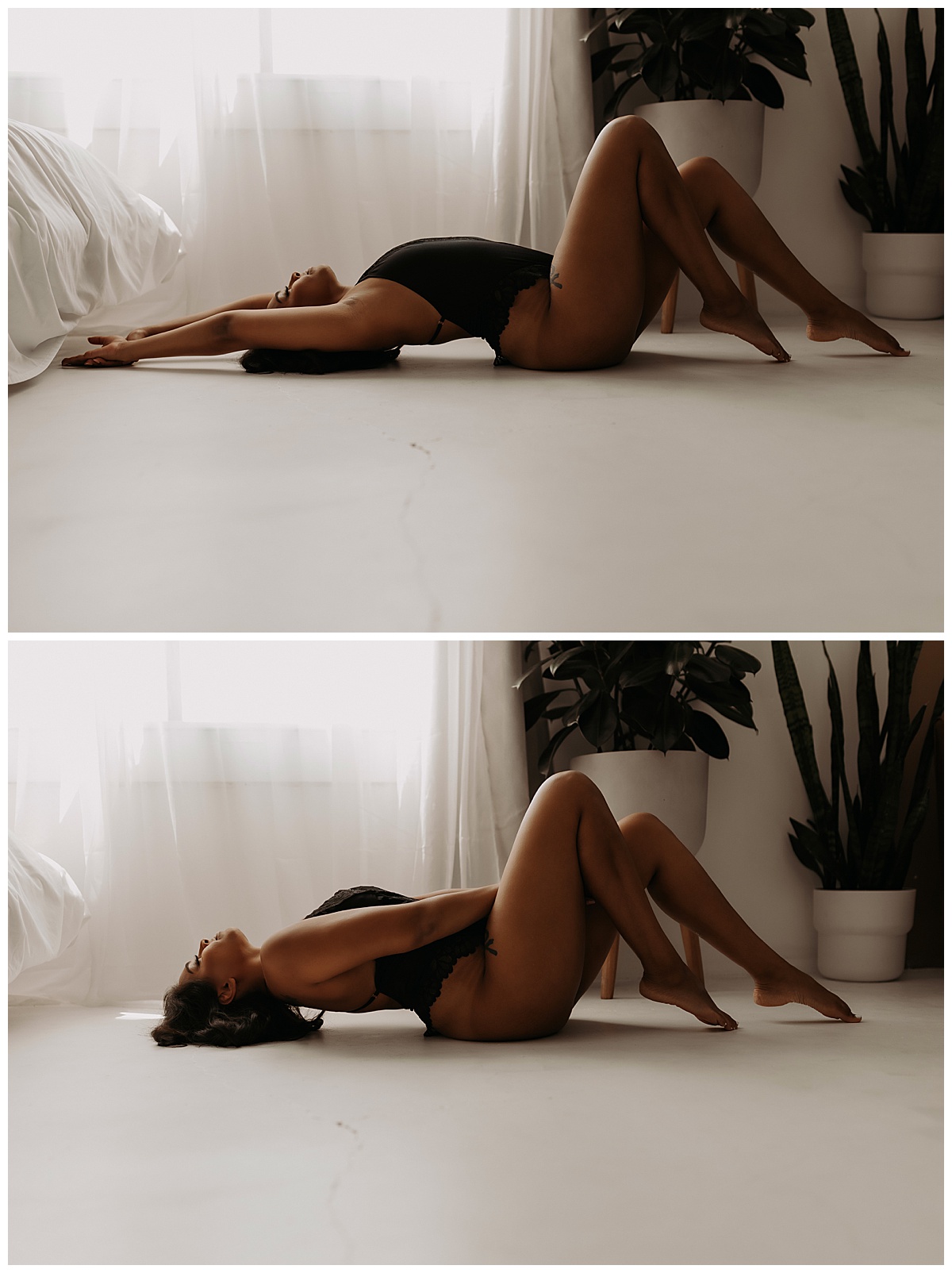 Adult lays on the floor wearing black lingerie for Mary Castillo Photography
