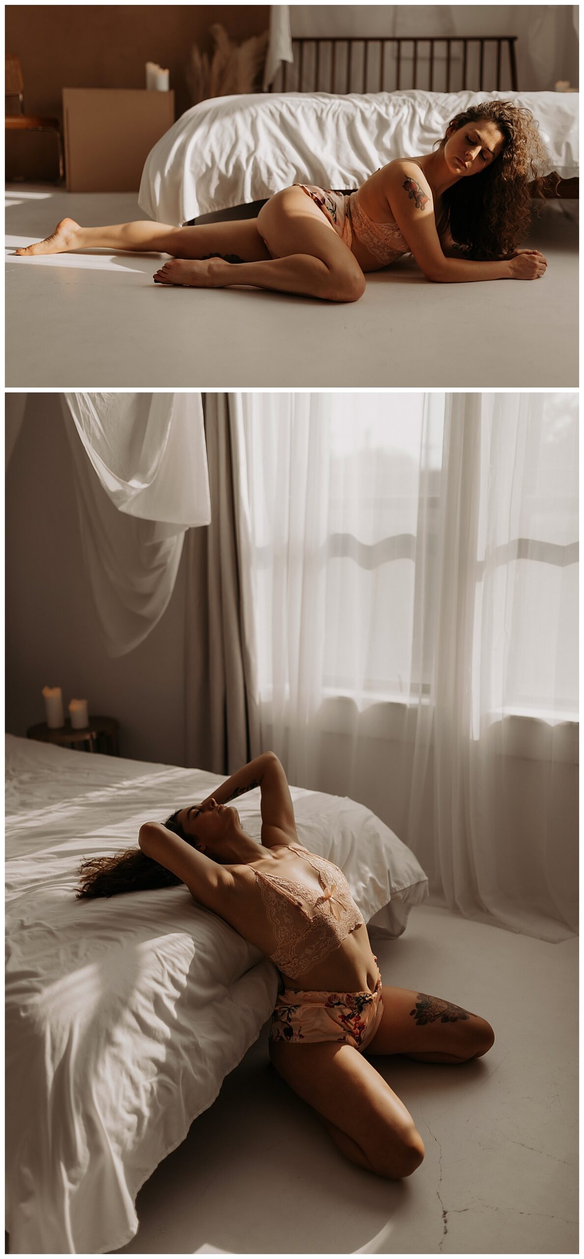 Person lays on floor and leans against the edge of the bed wearing lingerie for Mary Castillo Photography