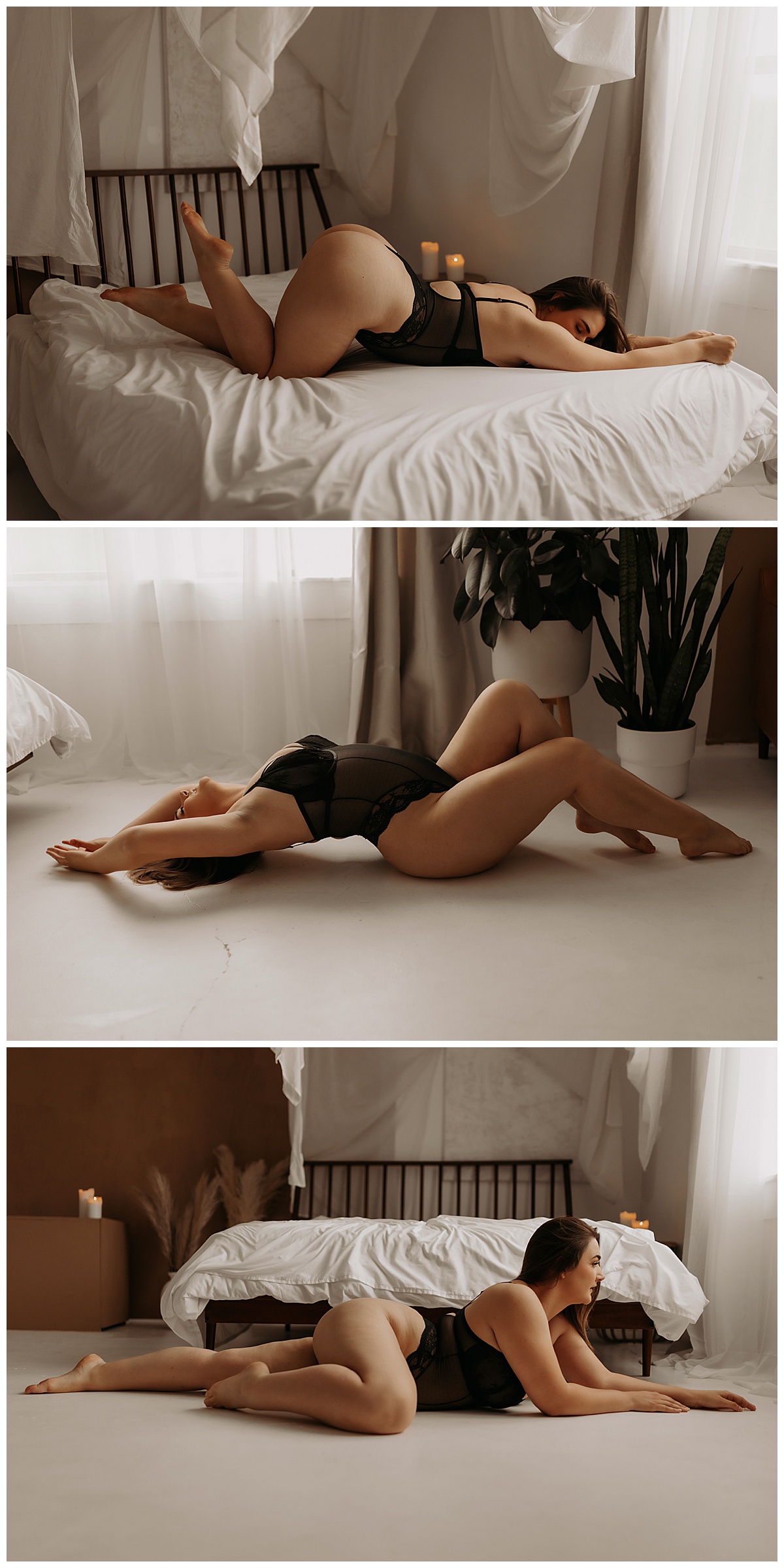 Woman lays on the floor in black lingerie for Mary Castillo Photography