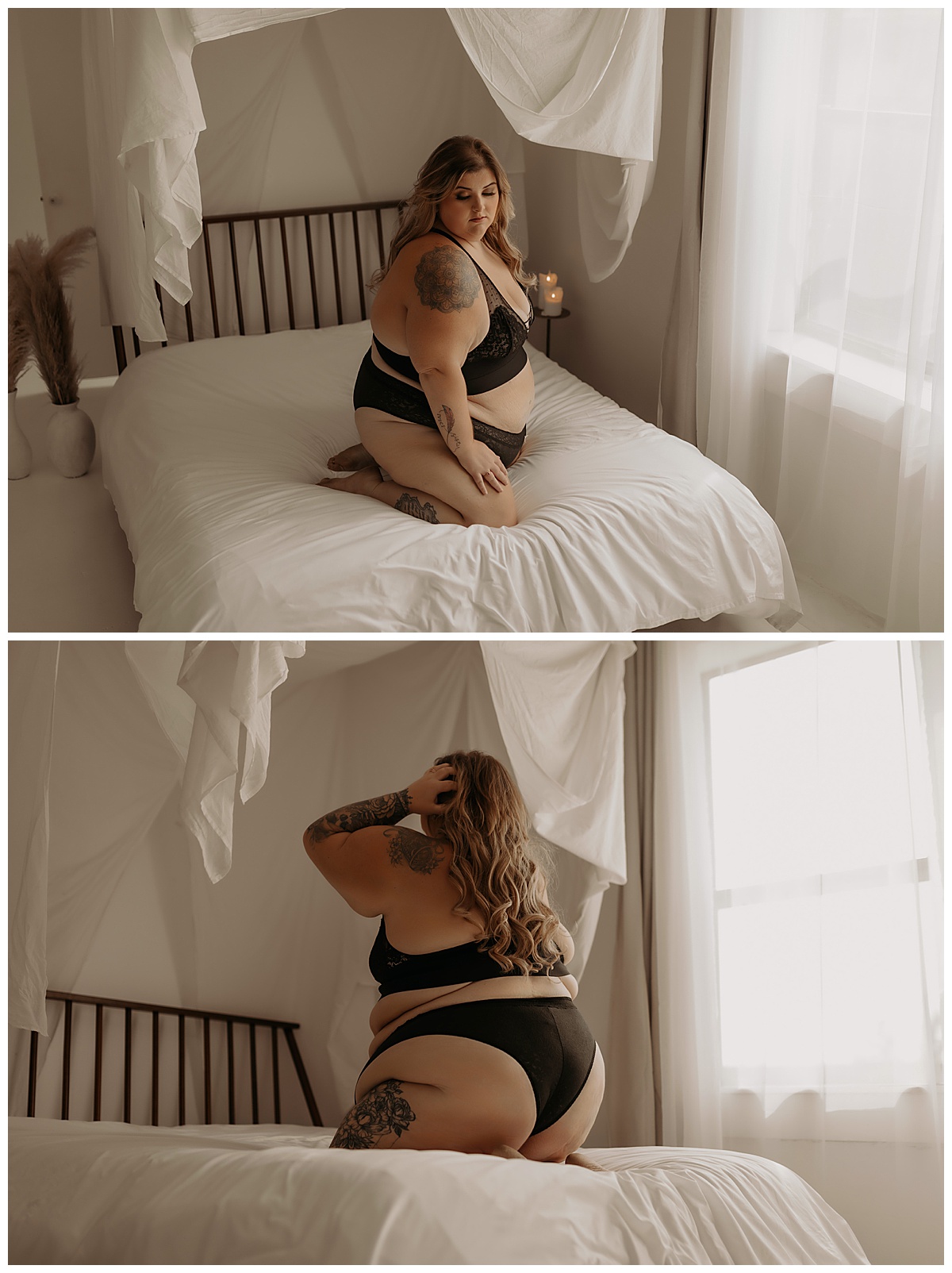 Woman wears black outfit fromTorrid Lingerie while kneeling on the bed