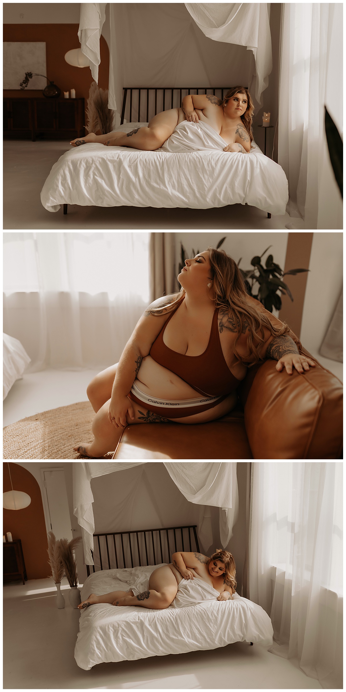 Female lays on the bed and couch wearing lingerie for Mary Castillo Photography