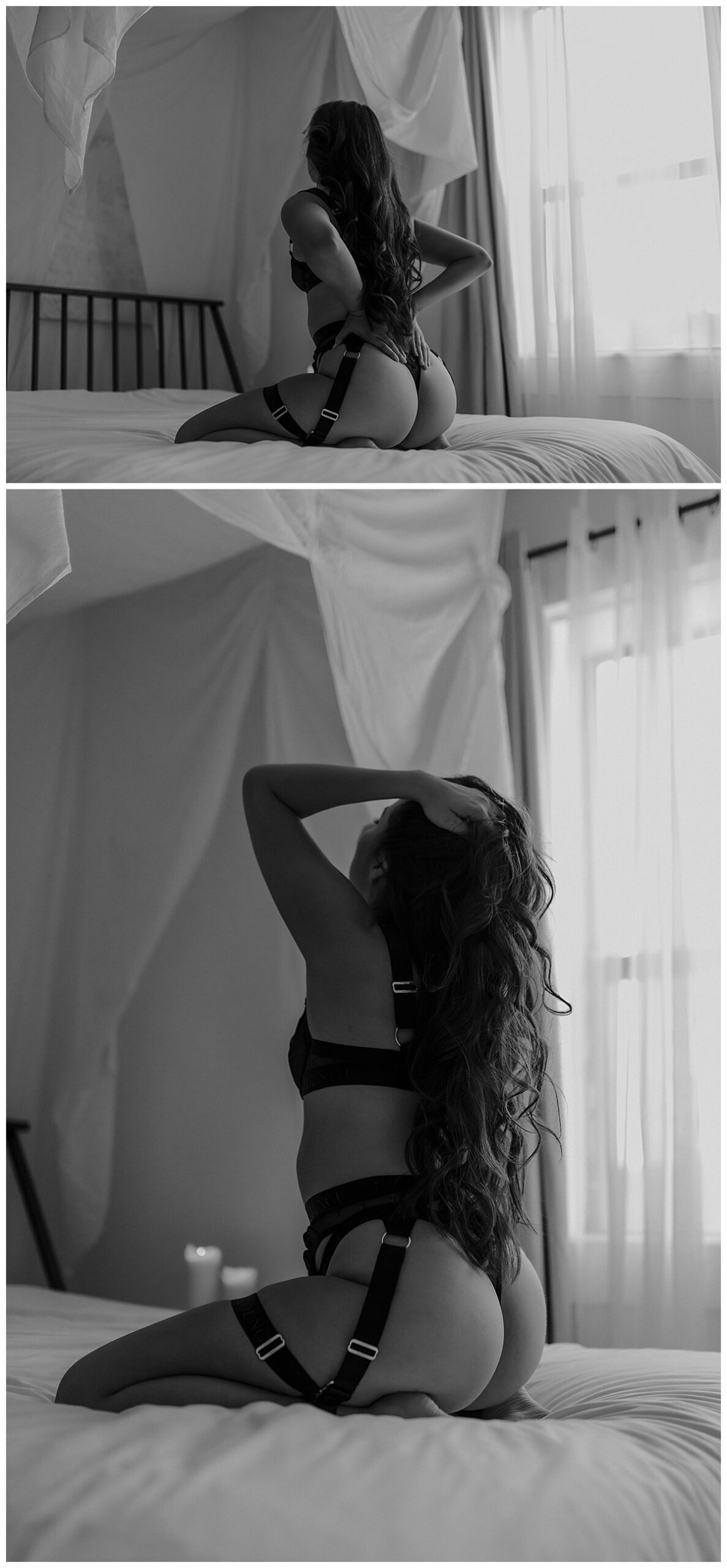 Female sits on bed running fingers through hair for Minneapolis Boudoir Photographer