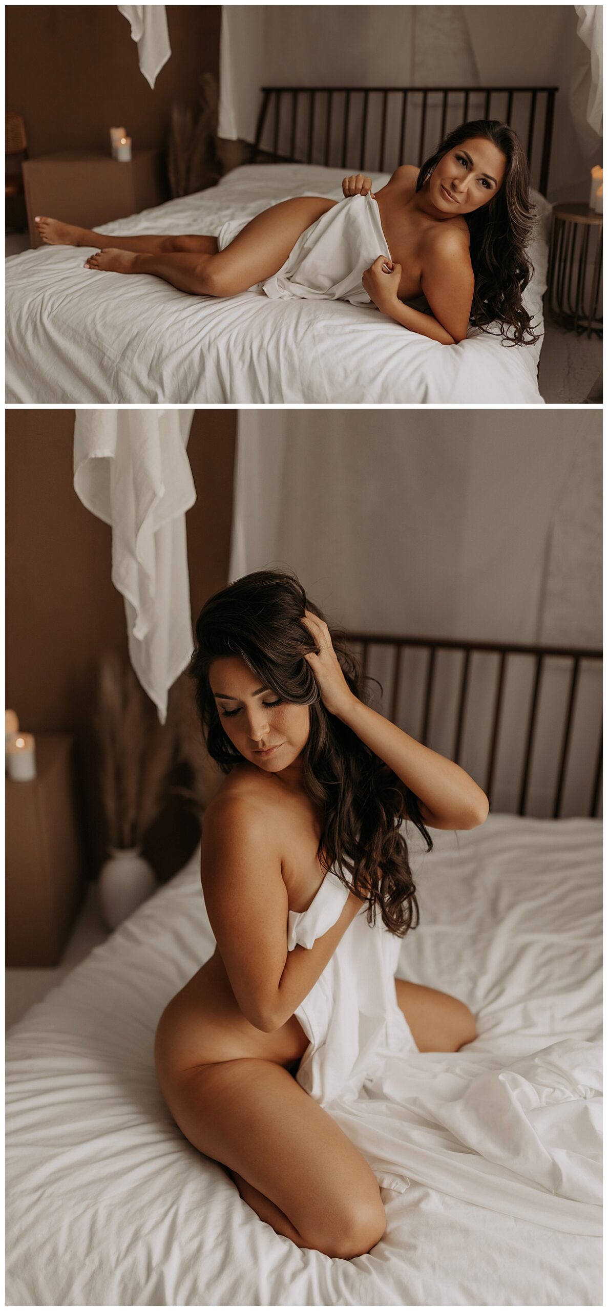 Girl sits on the bed covering body with white sheet after Celebrating In Your Birthday Suit