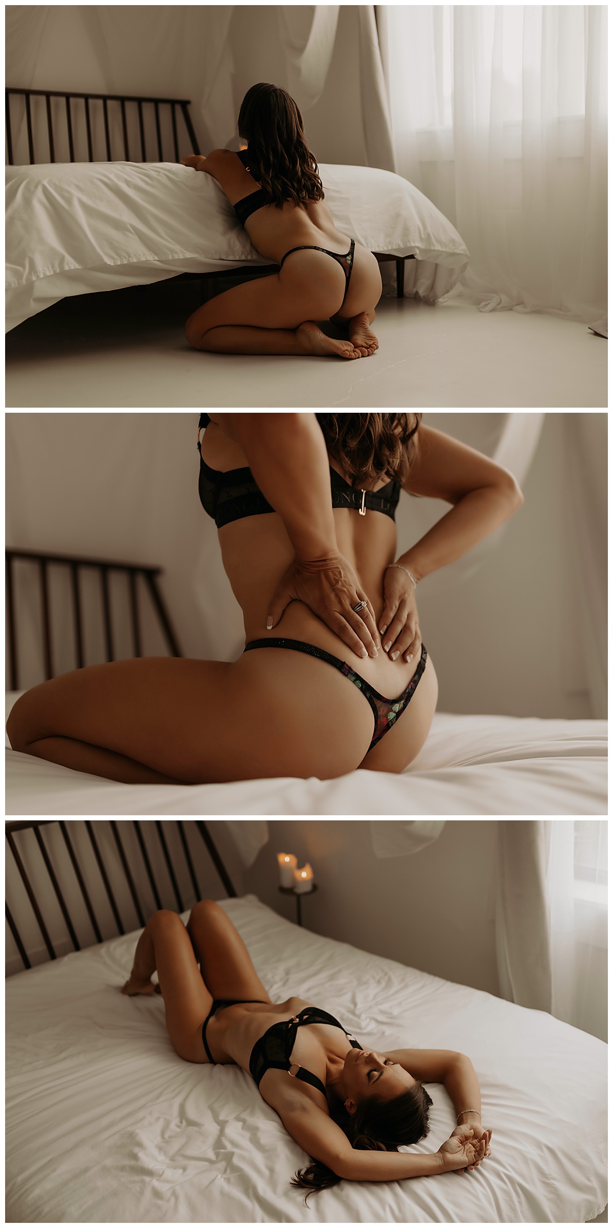 Person sits and lays on the bed wearing black lingerie for Mary Castillo Photography