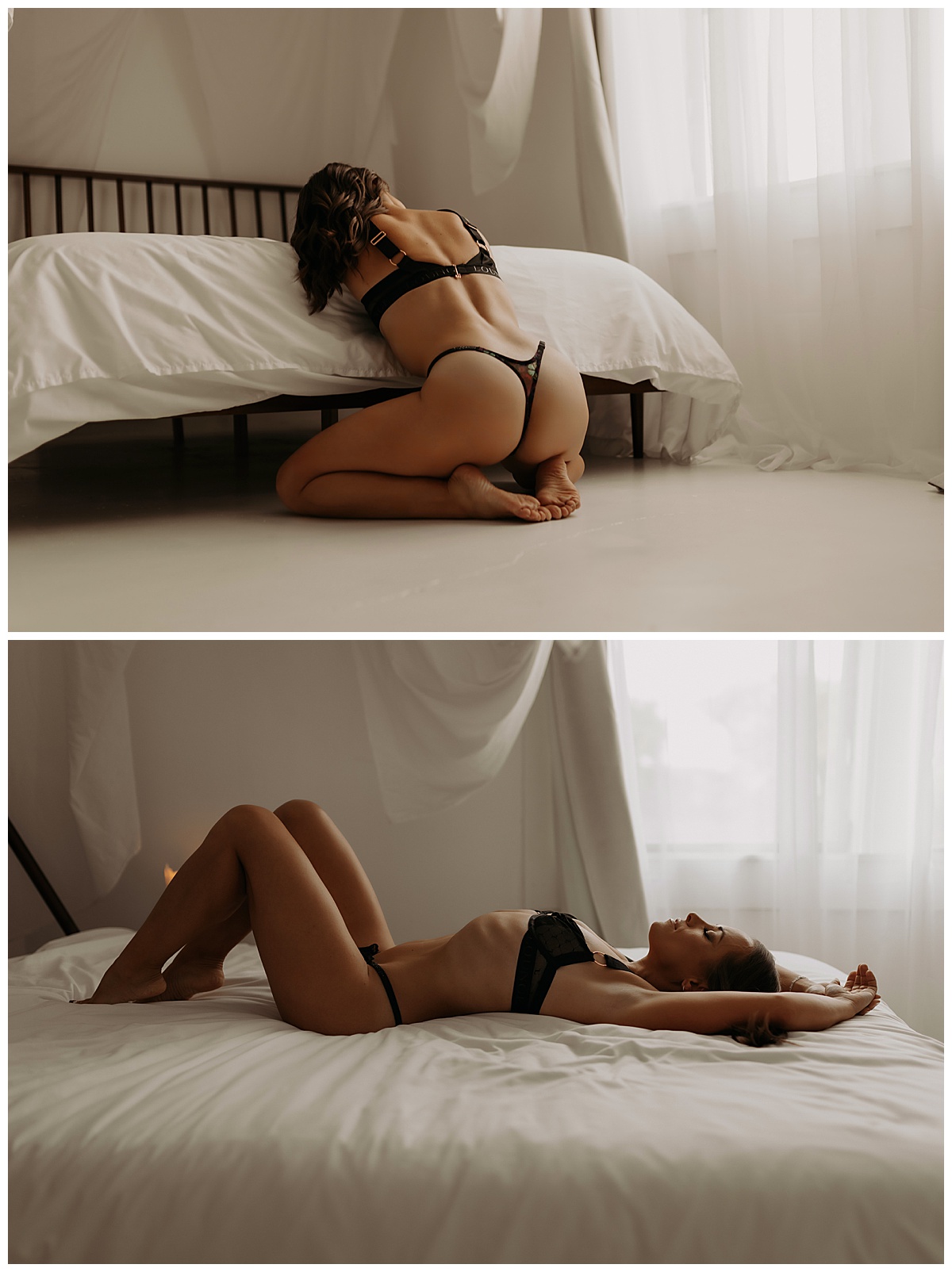 Adult leans onto her bed for Mary Castillo Photography
