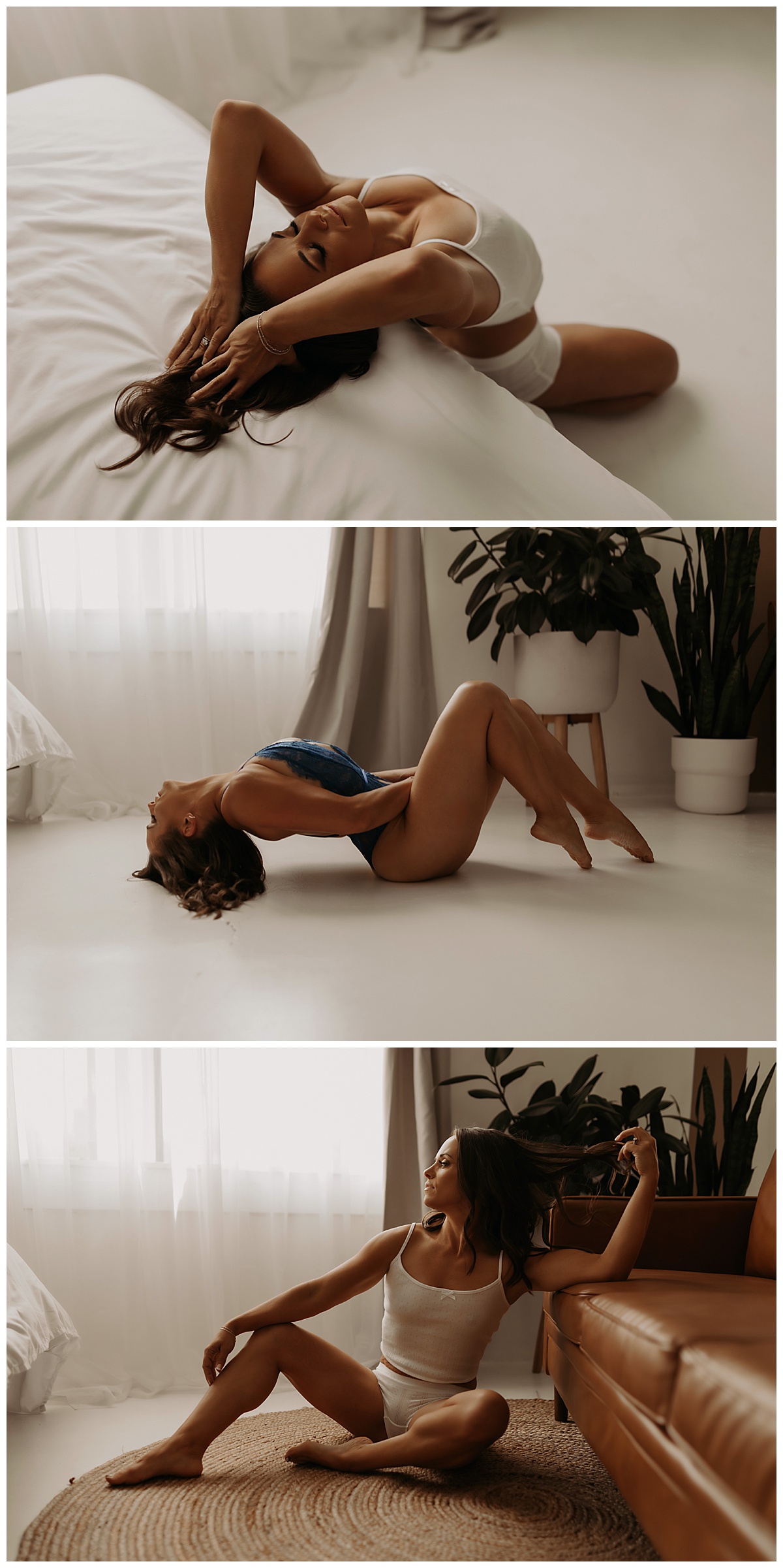 Person lays on the bed and floor for her Birthday Boudoir Session