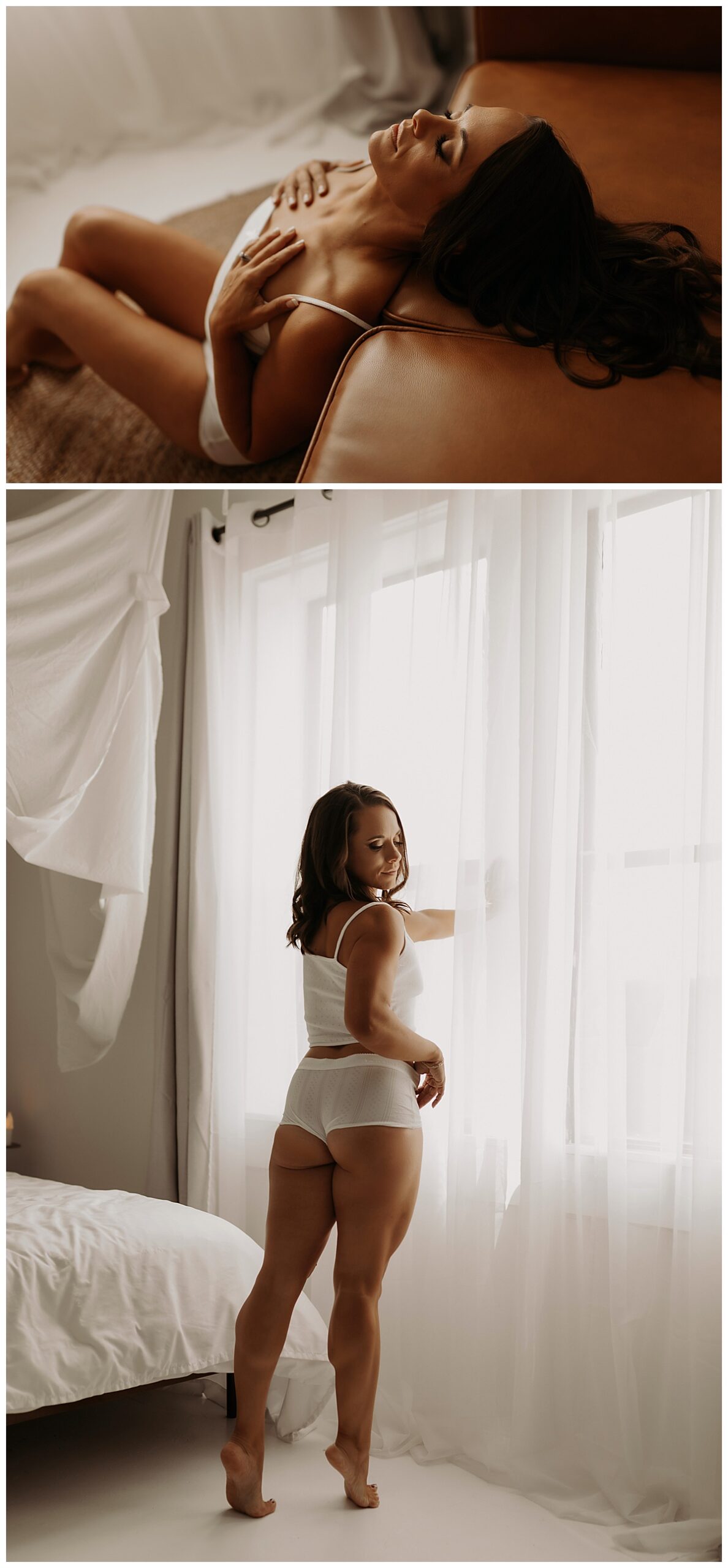 Woman leans against the window for Birthday Boudoir Session