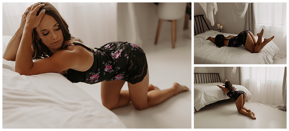 Woman lays on the floor for Birthday Boudoir Session