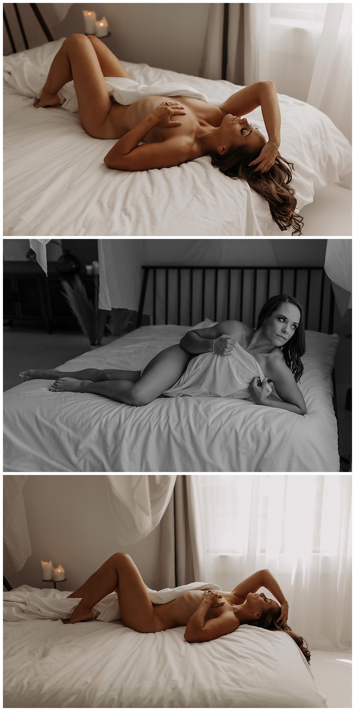 Mom lays on the bed covered by white sheet for Minneapolis Boudoir Photographer