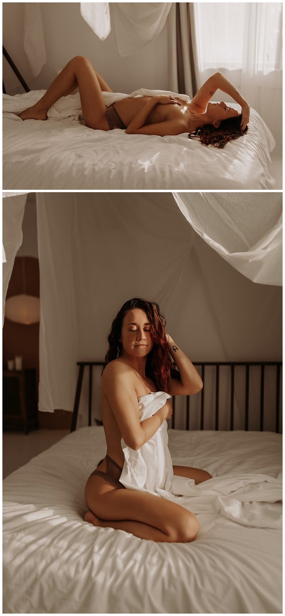 Person lays on the bed wearing lingerie and covering chest with sheet for Mary Castillo Photography
