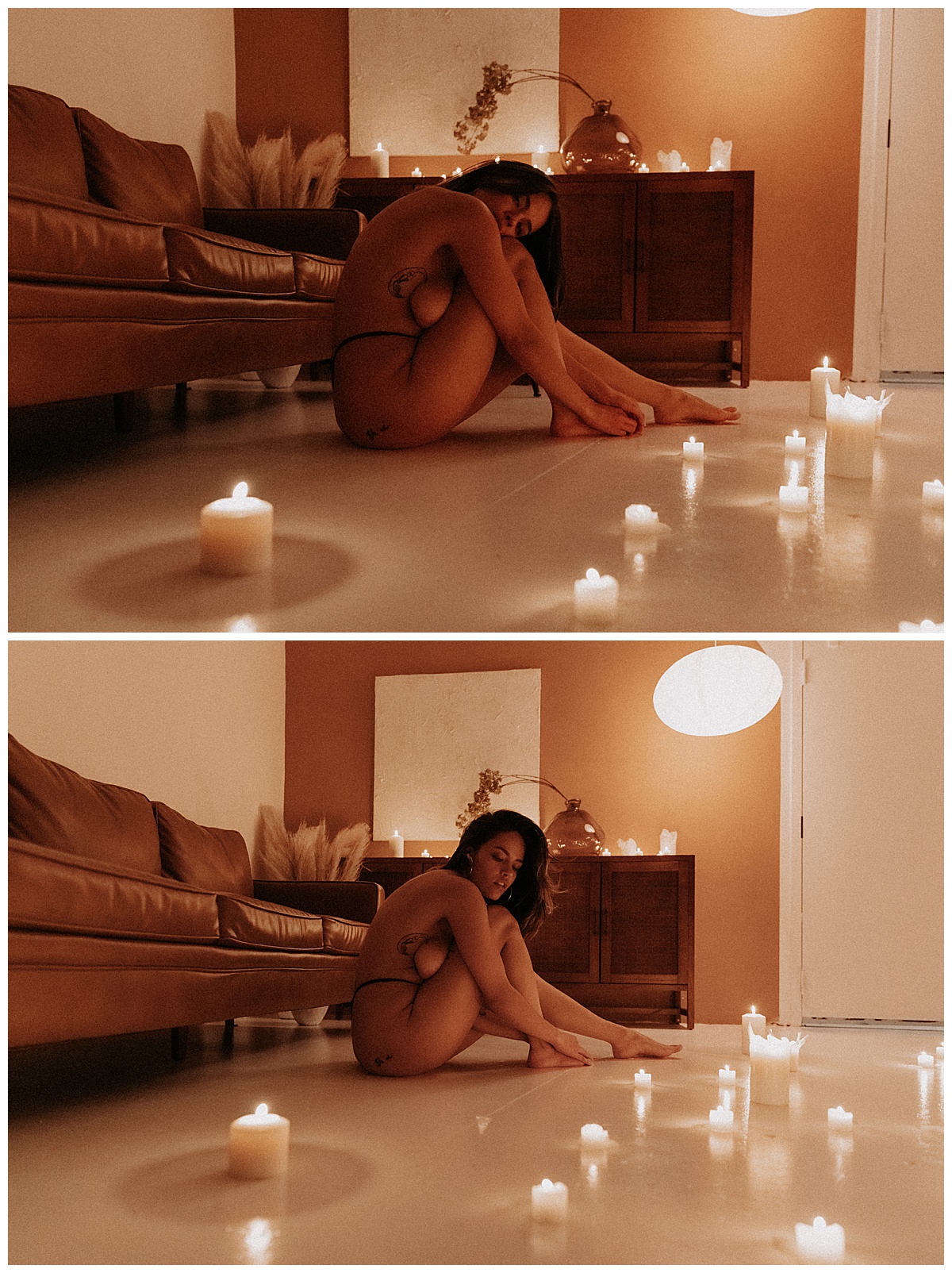 Woman sits on the floors during her Candlelit Boudoir session