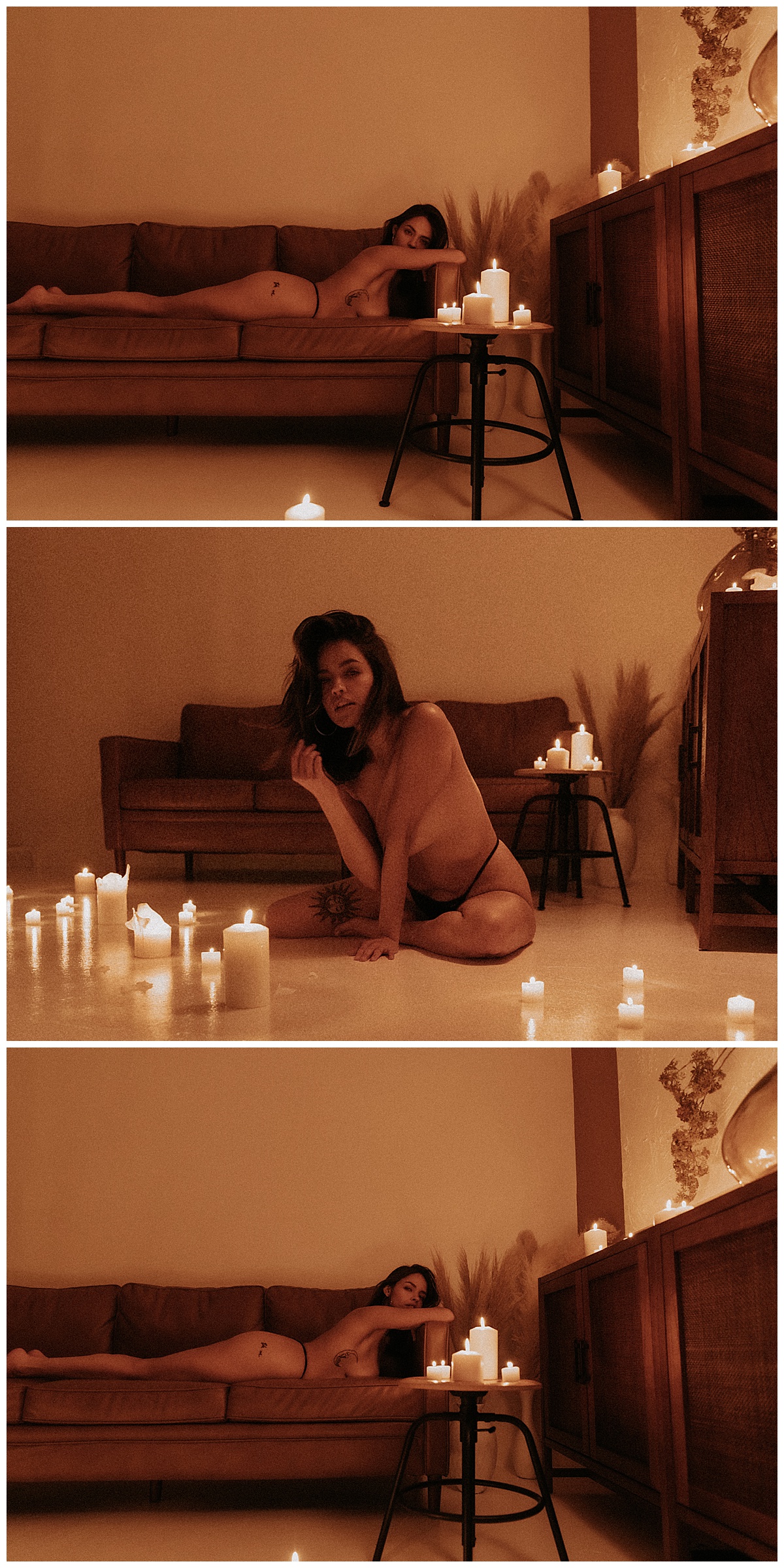 Female sits on the floor and couch with candles for Mary Castillo Photography
