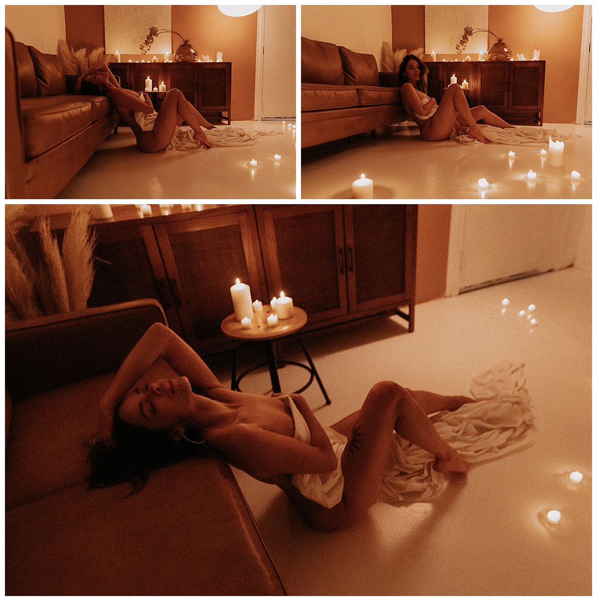Woman lays on the floor covering her body during her Candlelit Boudoir session