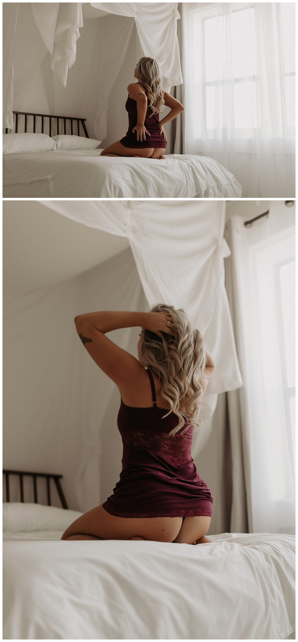 Adult wears Lingerie Slip Dress while running fingers through her hair and kneeling on the bed