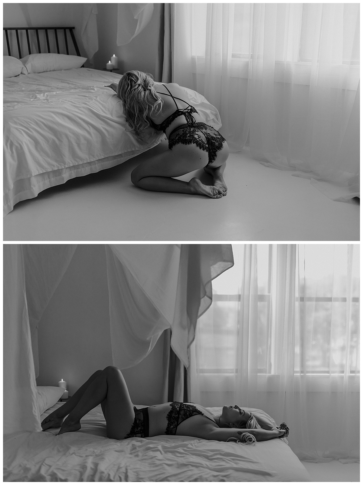 Person kneels on the bed and floor wearing black lace lingerie for Minneapolis Boudoir Photographer