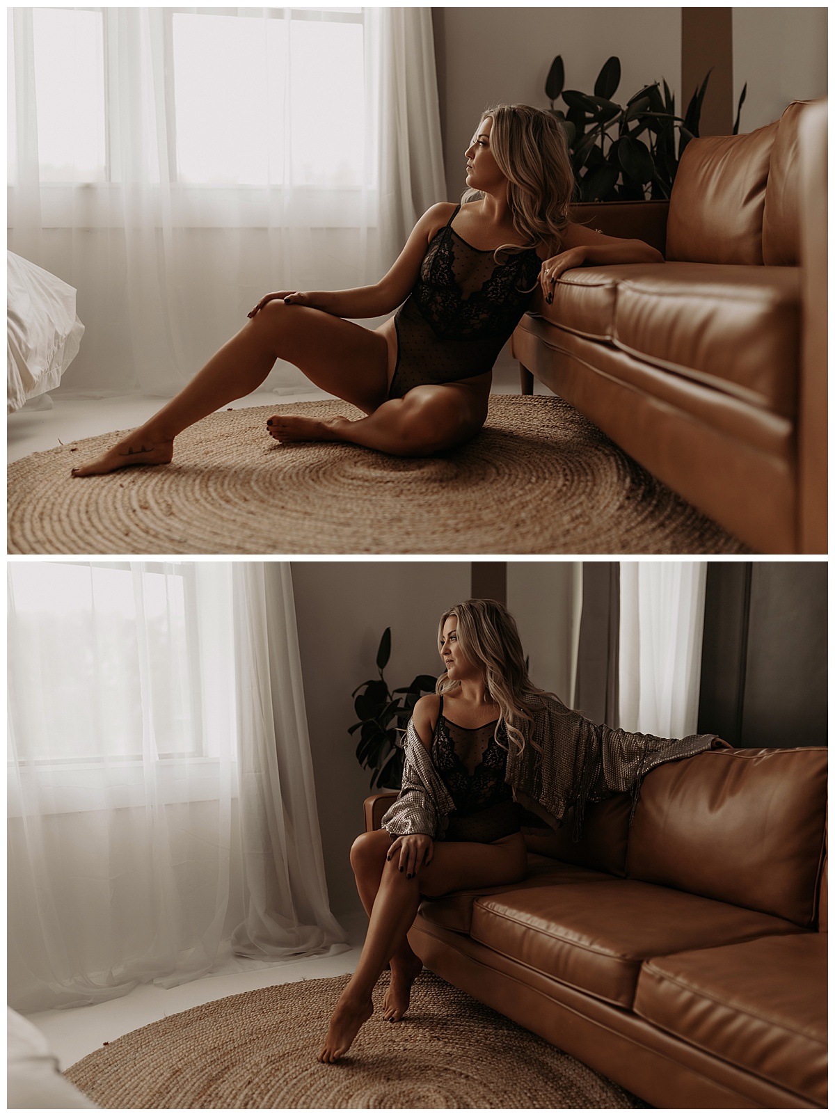Girl wears black lace lingerie and sits in front of couch after wearing Lingerie slip dress