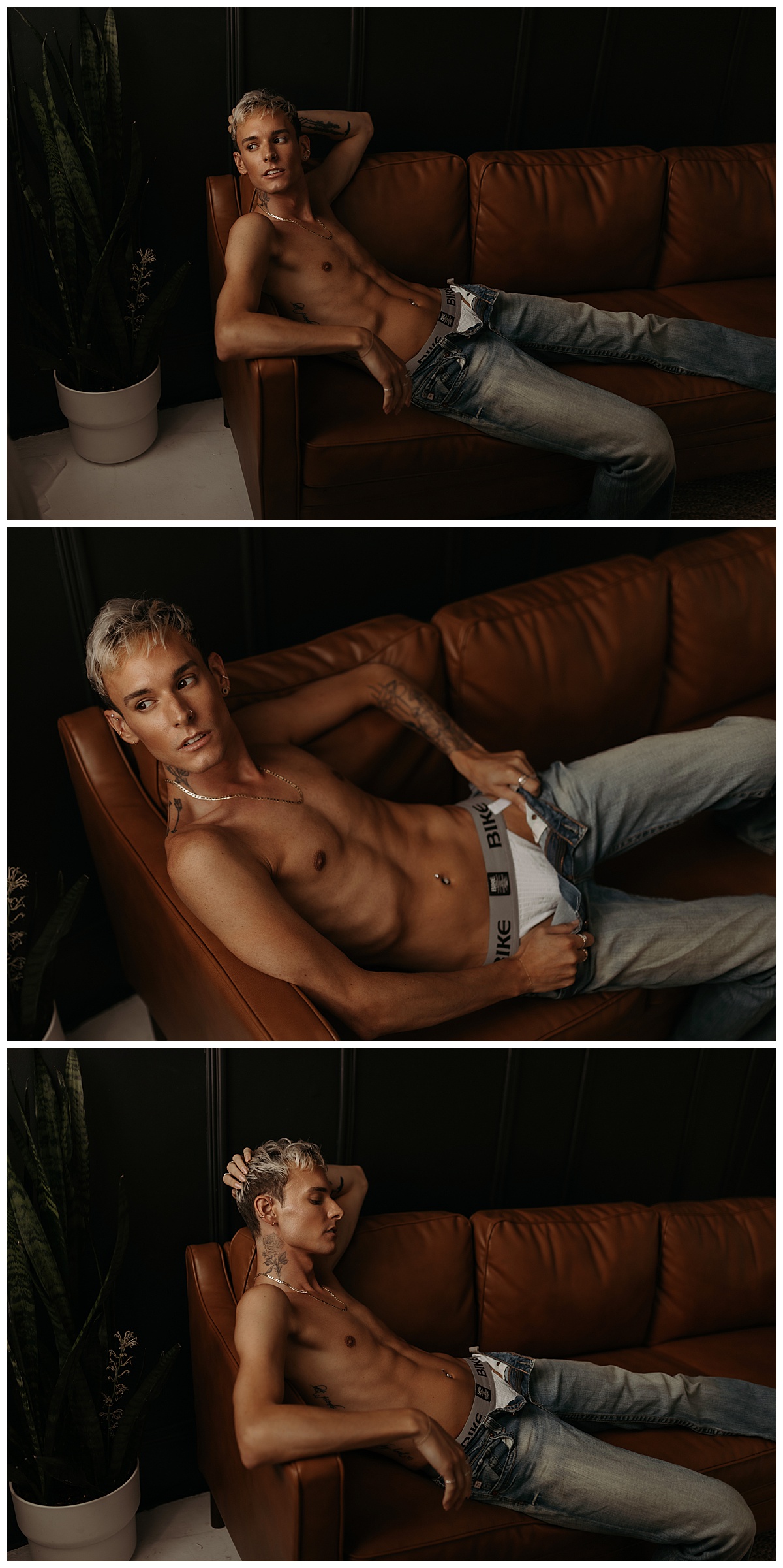 Person lays on a couch during his Male Boudoir Session