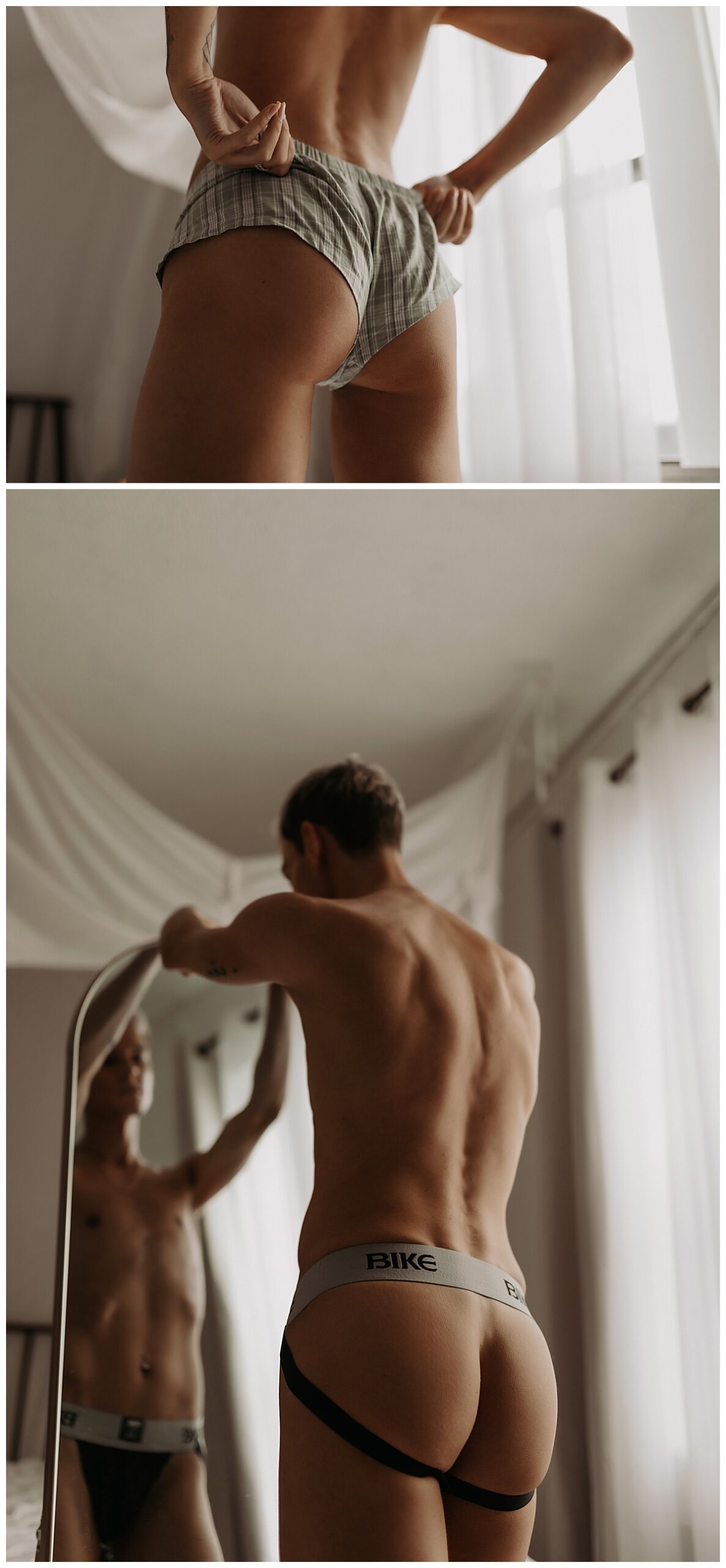 Guy leans forward into a mirror for Minneapolis Boudoir Photographer