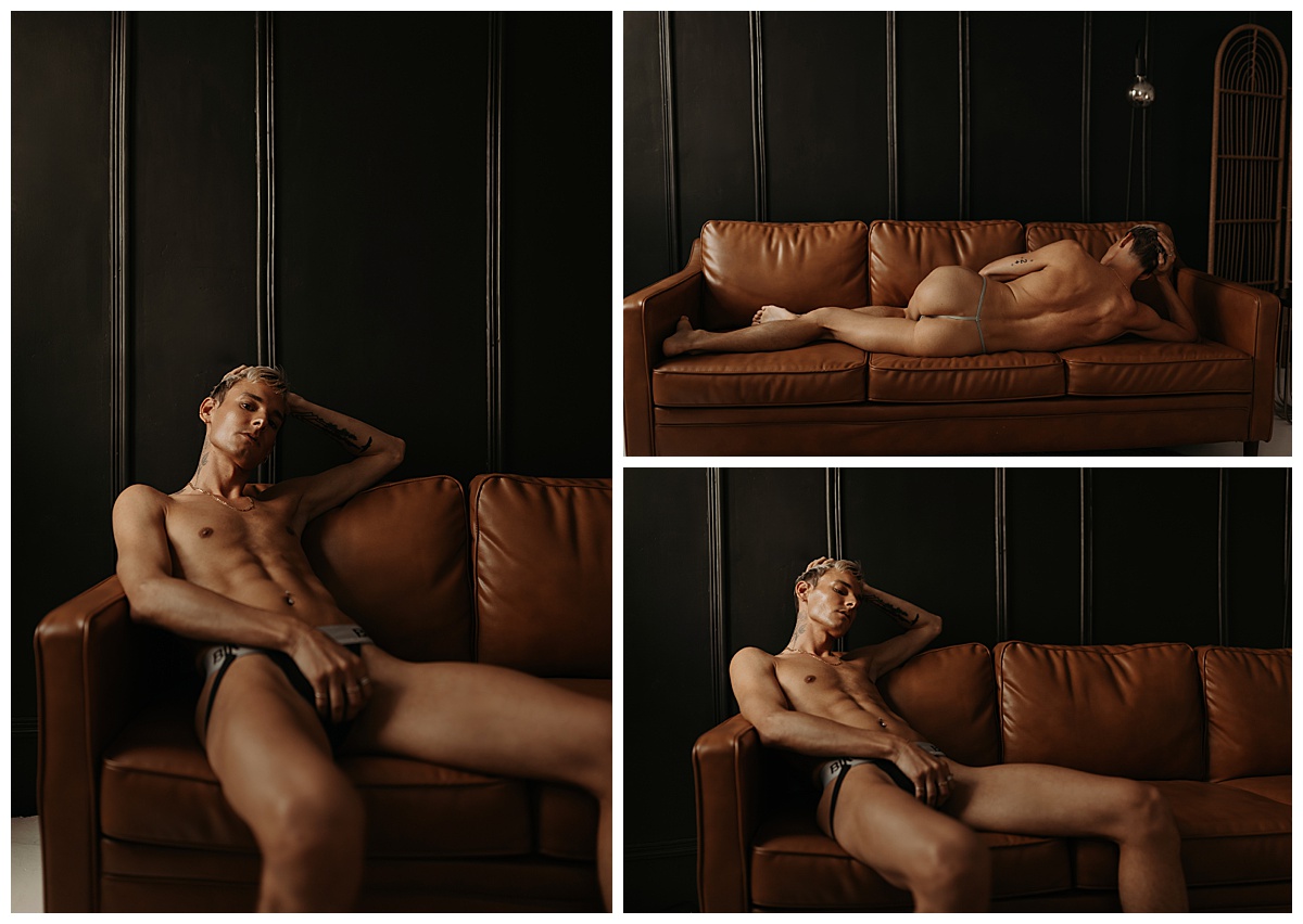 Adult lays on the couch for Minneapolis Boudoir Photographer