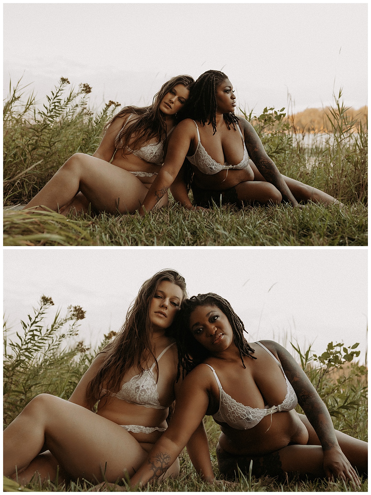 Two adults sit together in white lingerie for Mary Castillo Photography