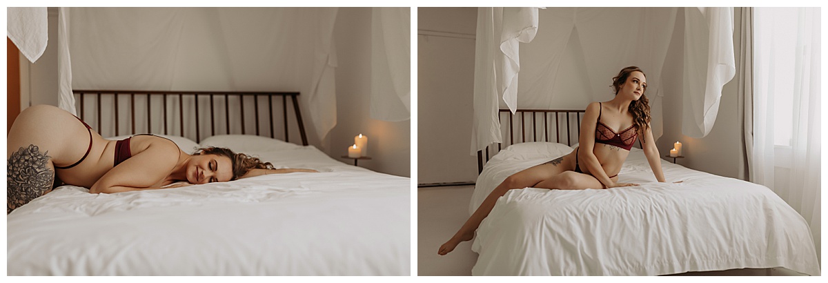 Person ;ays on a bed wearing lingerie for Minneapolis Boudoir Photographer