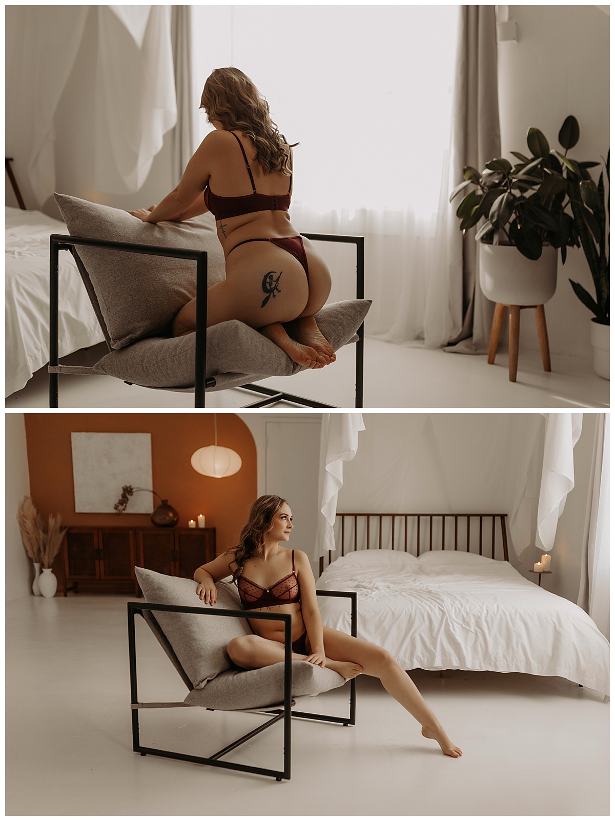 Woman sits on a chair wearing lingerie for Minneapolis Boudoir Photographer