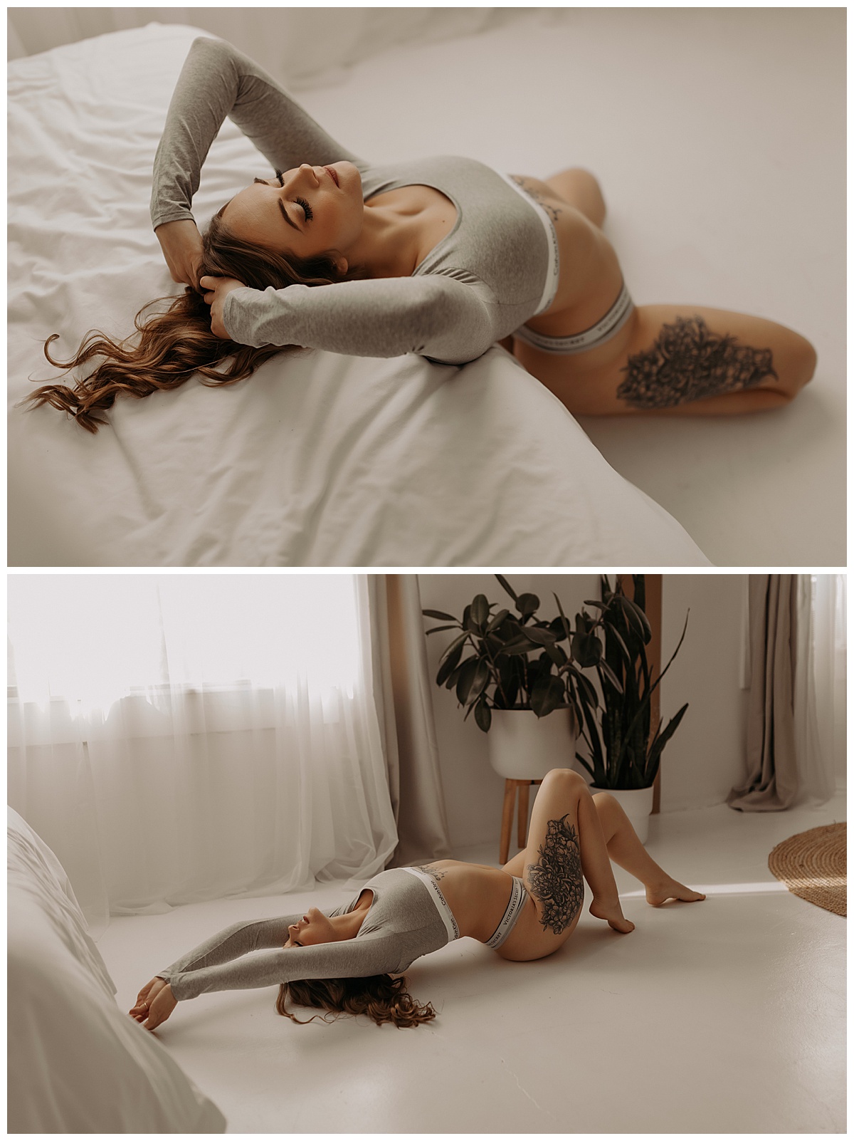 Adult lays on the floor wearing Long-Sleeve Lingerie