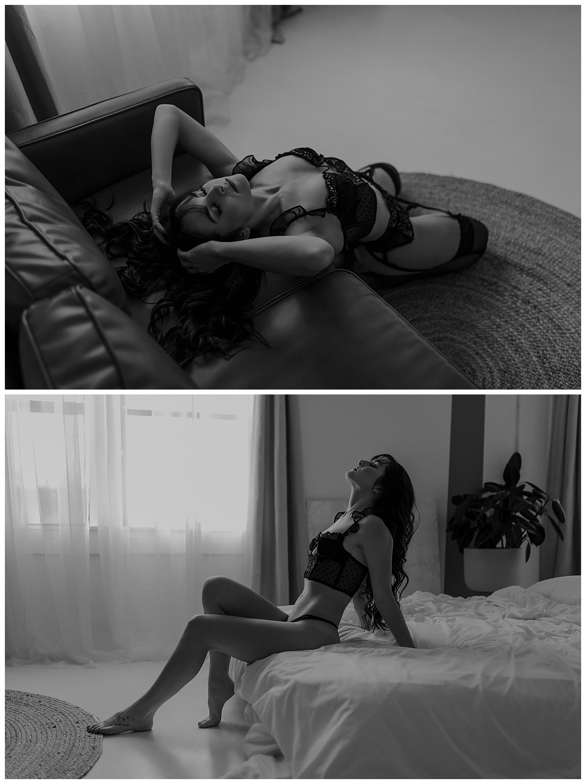 Female leans against the edge of the bed for Mary Castillo Photography
