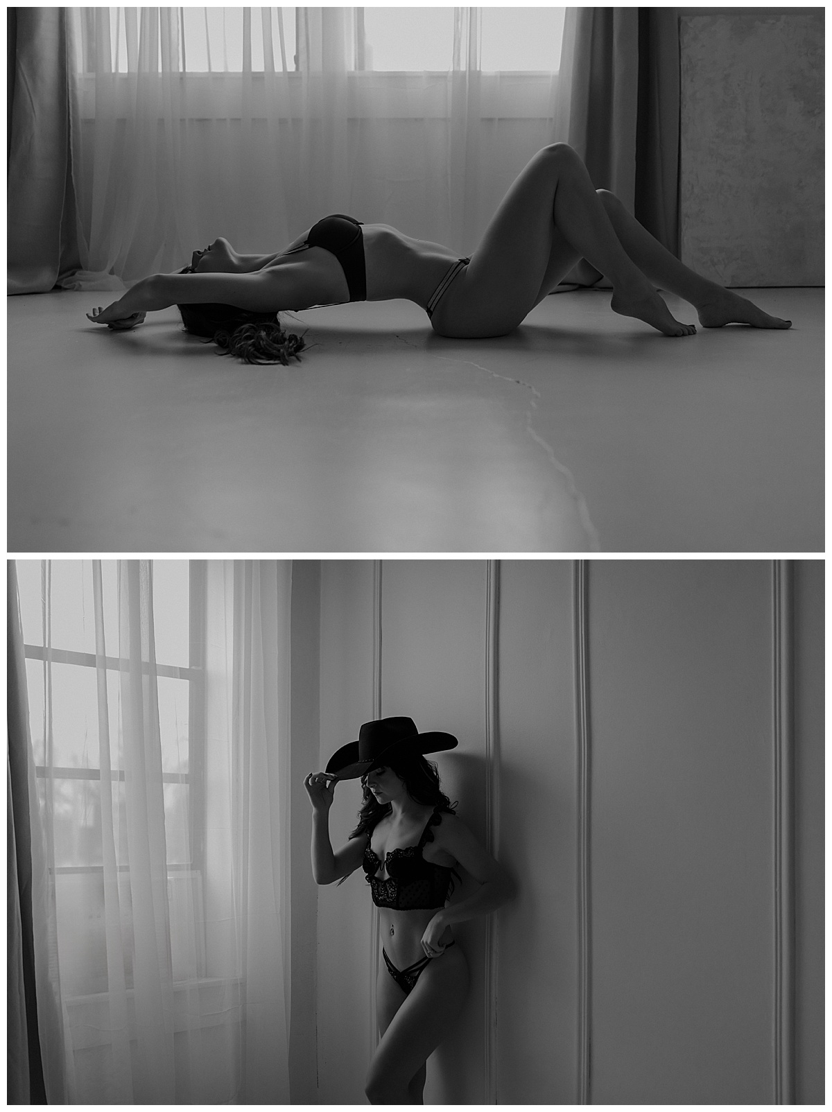 Woman wears cowgirl hat and stand against the wall and on the floor for Mary Castillo Photography