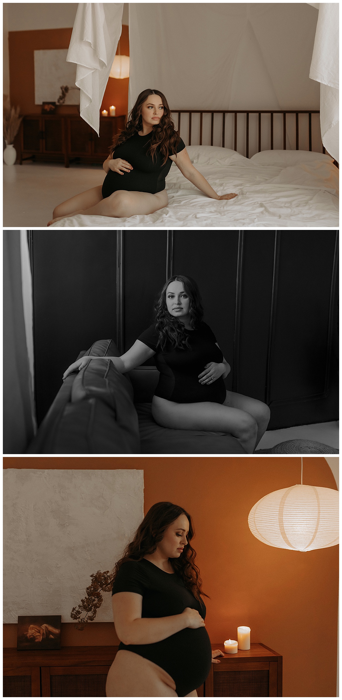 Woman wear black bodysuit embracing her pregnant belly during her Maternity Boudoir session